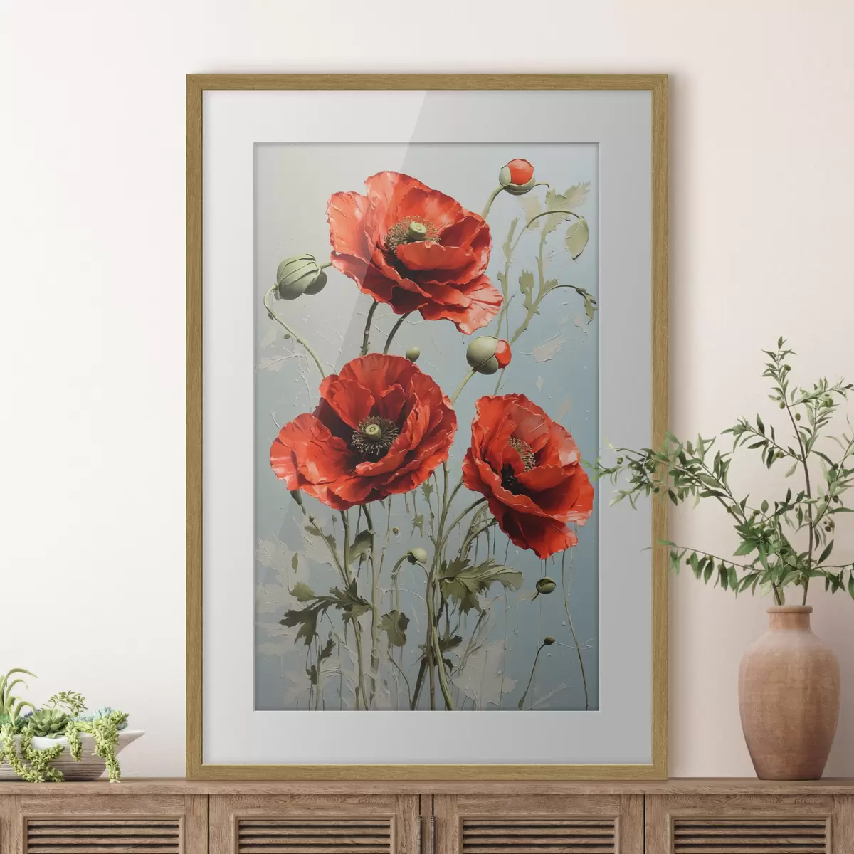 Poster Mohnblumen auf blauem Hintergrund f41773