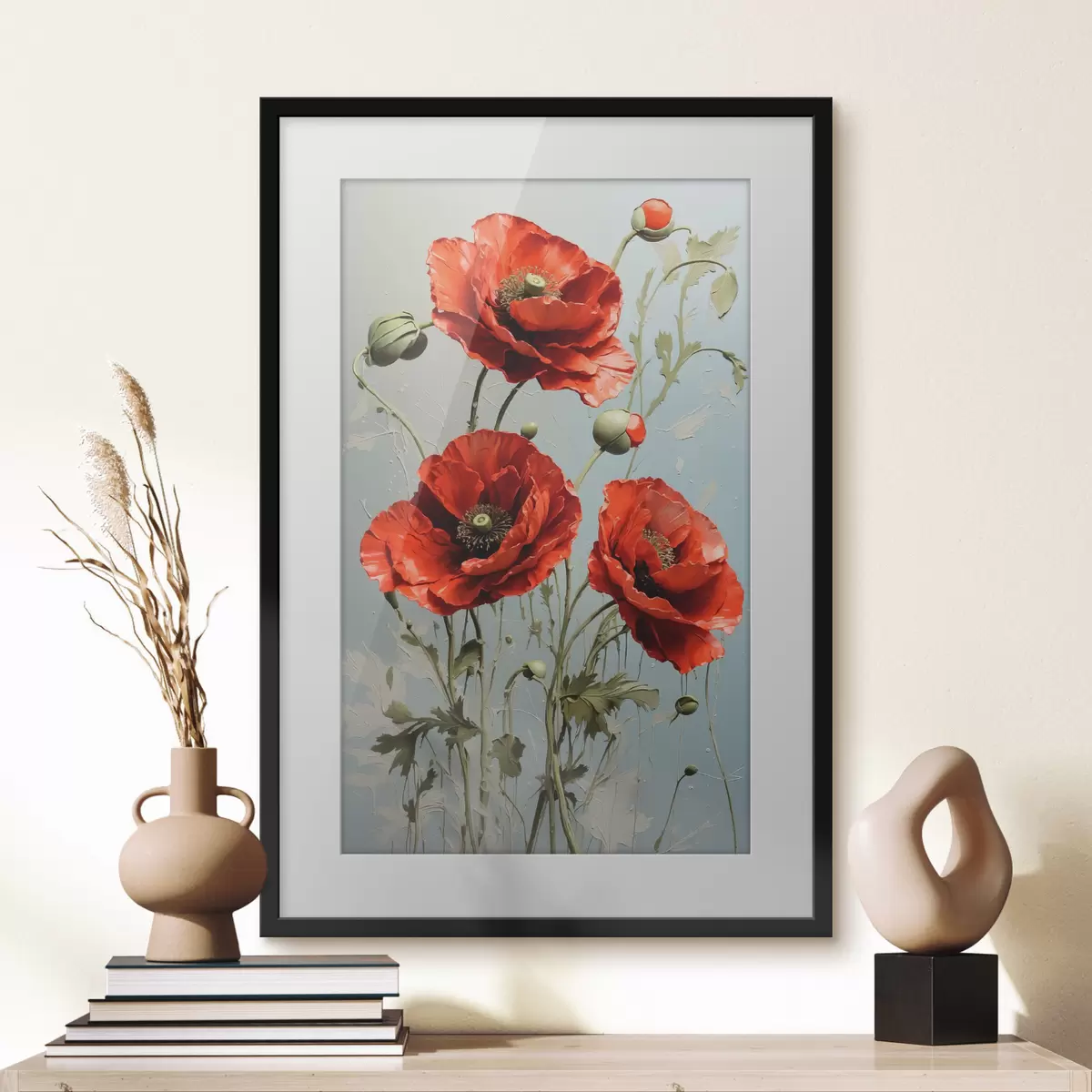 Poster Mohnblumen auf blauem Hintergrund f41773