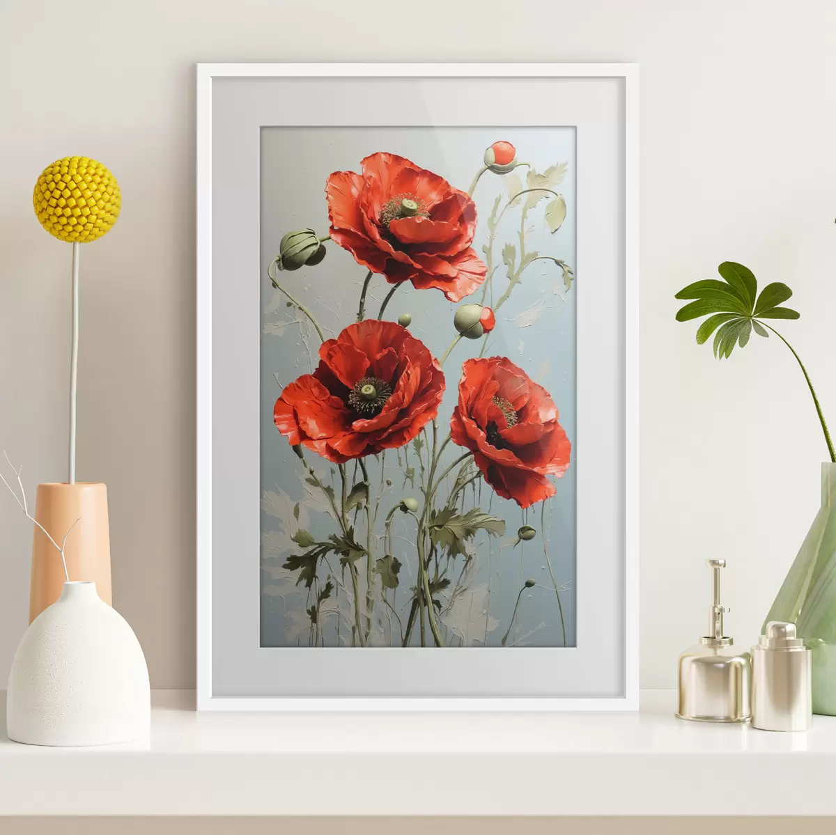 Poster Mohnblumen auf blauem Hintergrund f41773