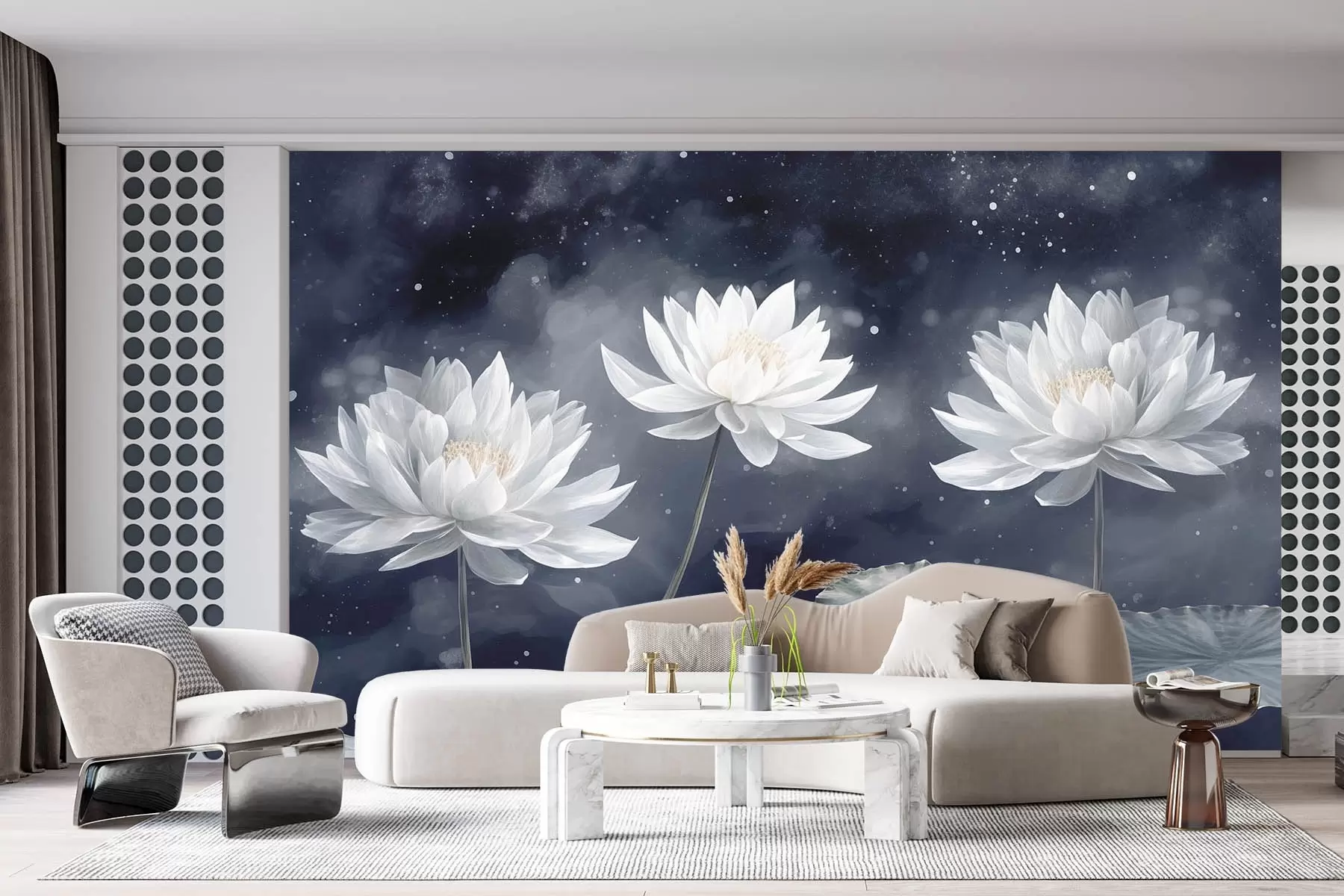 Fototapete Drei Lotosblumen auf dunklem Hintergrund w08506