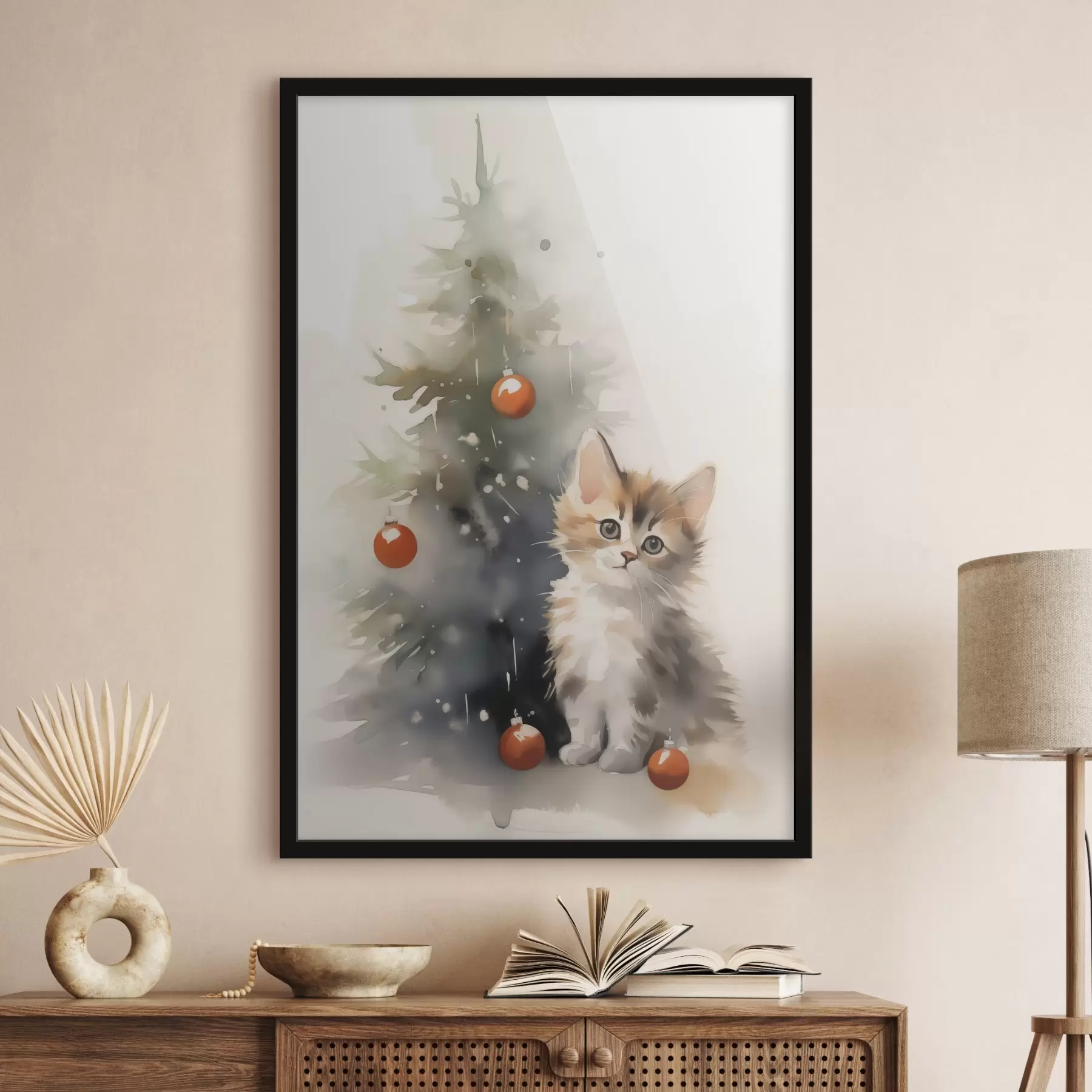 Fototapete Kätzchen in der Nähe des Weihnachtsbaums Nachahmung des nassen Aquarells f42140