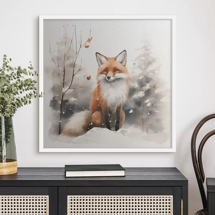 Fototapete Fuchsjunges in einem verschneiten Wald Nachahmung von Aquarell f42146