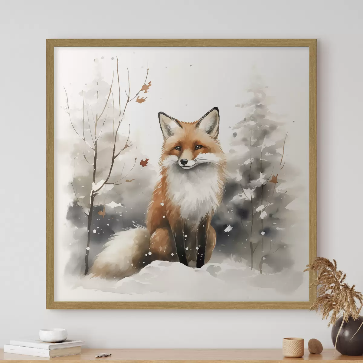Poster Fuchsjunges in einem verschneiten Wald Nachahmung von Aquarell f42146