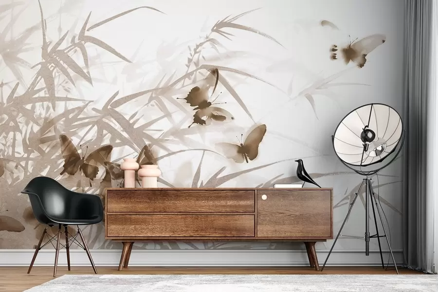 Fototapete Texturierte Bambusblätter und -stängel mit fliegenden braunen Schmetterlingen mit transparenten Flügeln w08524v1