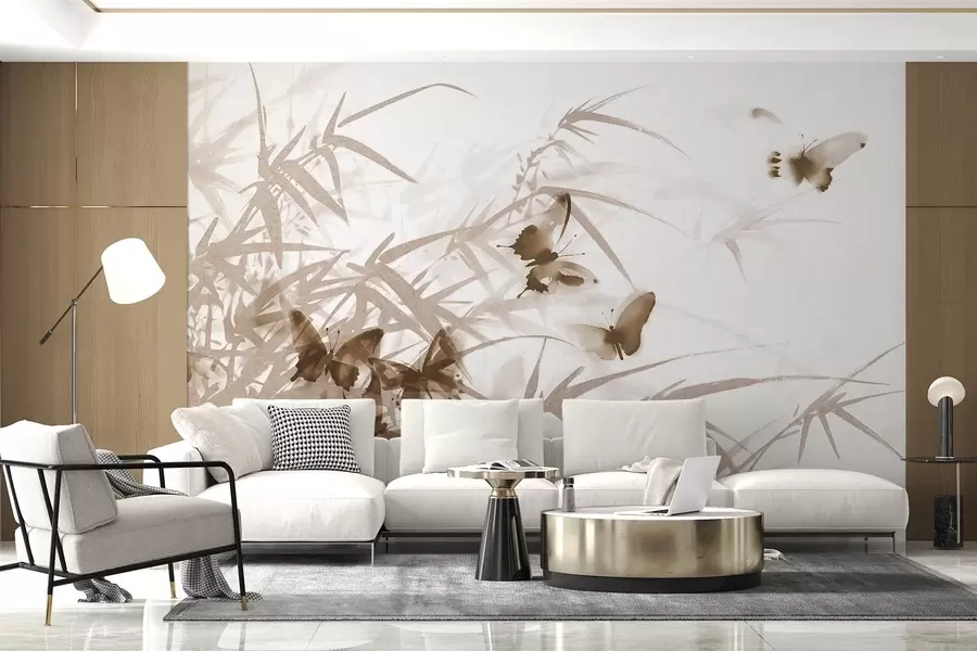 Fototapete Texturierte Bambusblätter und -stängel mit fliegenden braunen Schmetterlingen mit transparenten Flügeln w08524v1