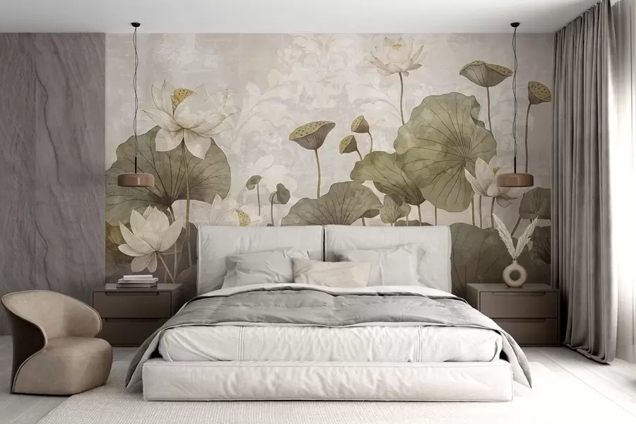 Fototapete Ein Feld weißer Lotusblumen mit großen grünen Blättern vor einem weichen, dunstigen, beigen Hintergrund w08527