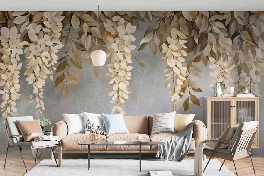 Fototapete Zarte weiße und hellbeige Glyzinienblüten mit kaskadenartig herabfallendem Laub vor zartgrauem Hintergrund w08531