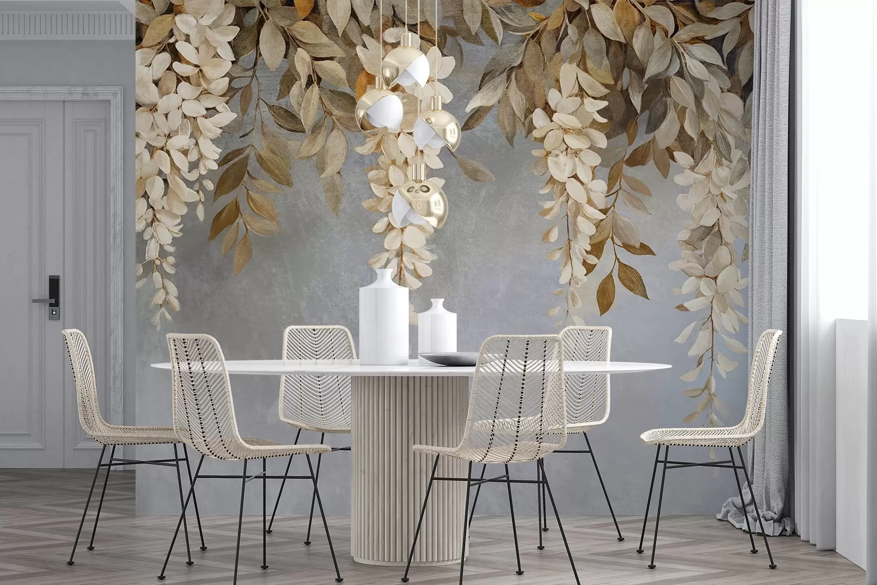 Fototapete Zarte weiße und hellbeige Glyzinienblüten mit kaskadenartig herabfallendem Laub vor zartgrauem Hintergrund w08531