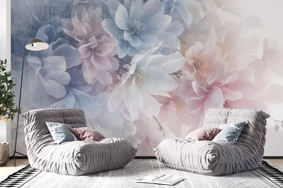 Fototapete Weiches, pastellfarbenes, strukturiertes Blumenarrangement mit großen, zarten Blüten in Rosa-, Blau- und Weißtönen  w08535