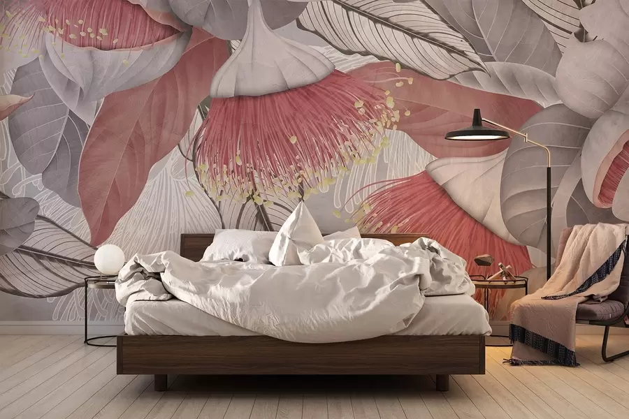 Fototapete Botanische Illustration von großen Eukalyptusblüten mit langen Staubgefäßen vor einem grauen und weißen Hintergrund w08539