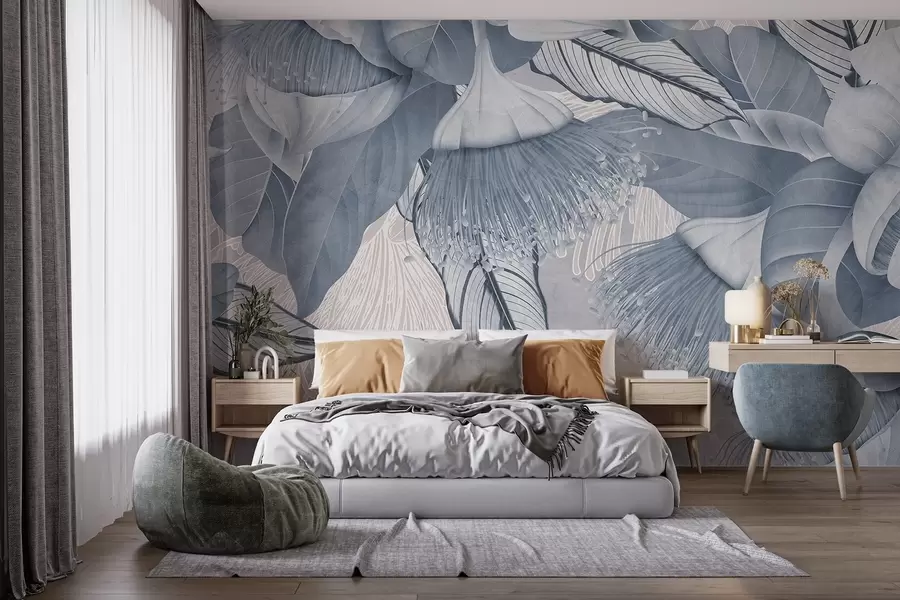 Fototapete Botanische Illustration von großen, blauen Eukaliptusblüten mit langen Staubgefäßen vor einem grauen und weißen Hintergrund w08539v1