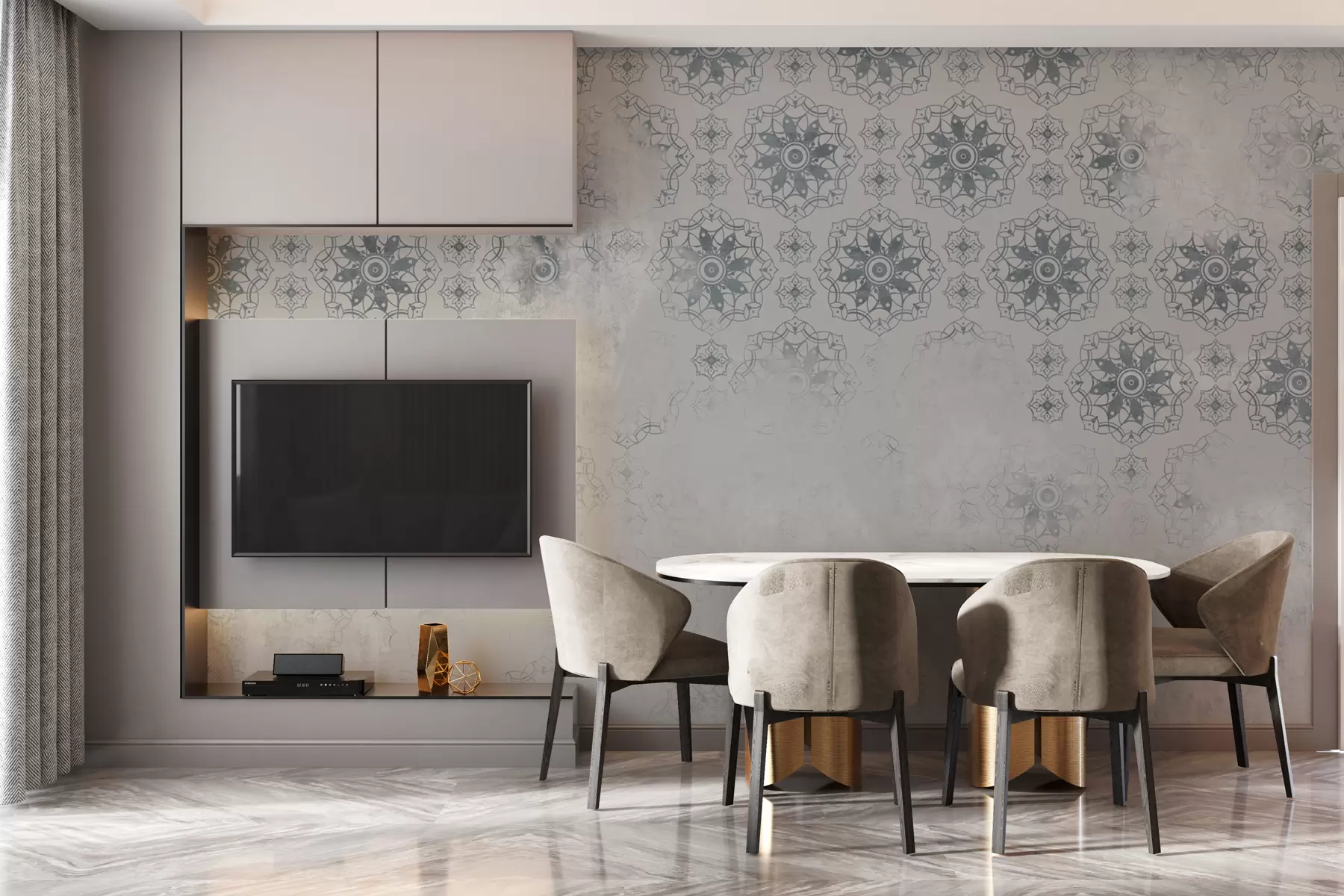 Fototapete Vintage-Design mit Mandala-Elementen und Distressed-Effekt in Hellgrau w02551v2