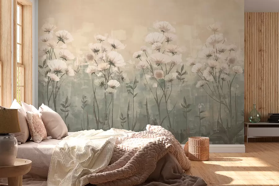 Fototapete Zarte Wildblumen mit Pinselstricheffekt in Gelb und Beige w02629v1