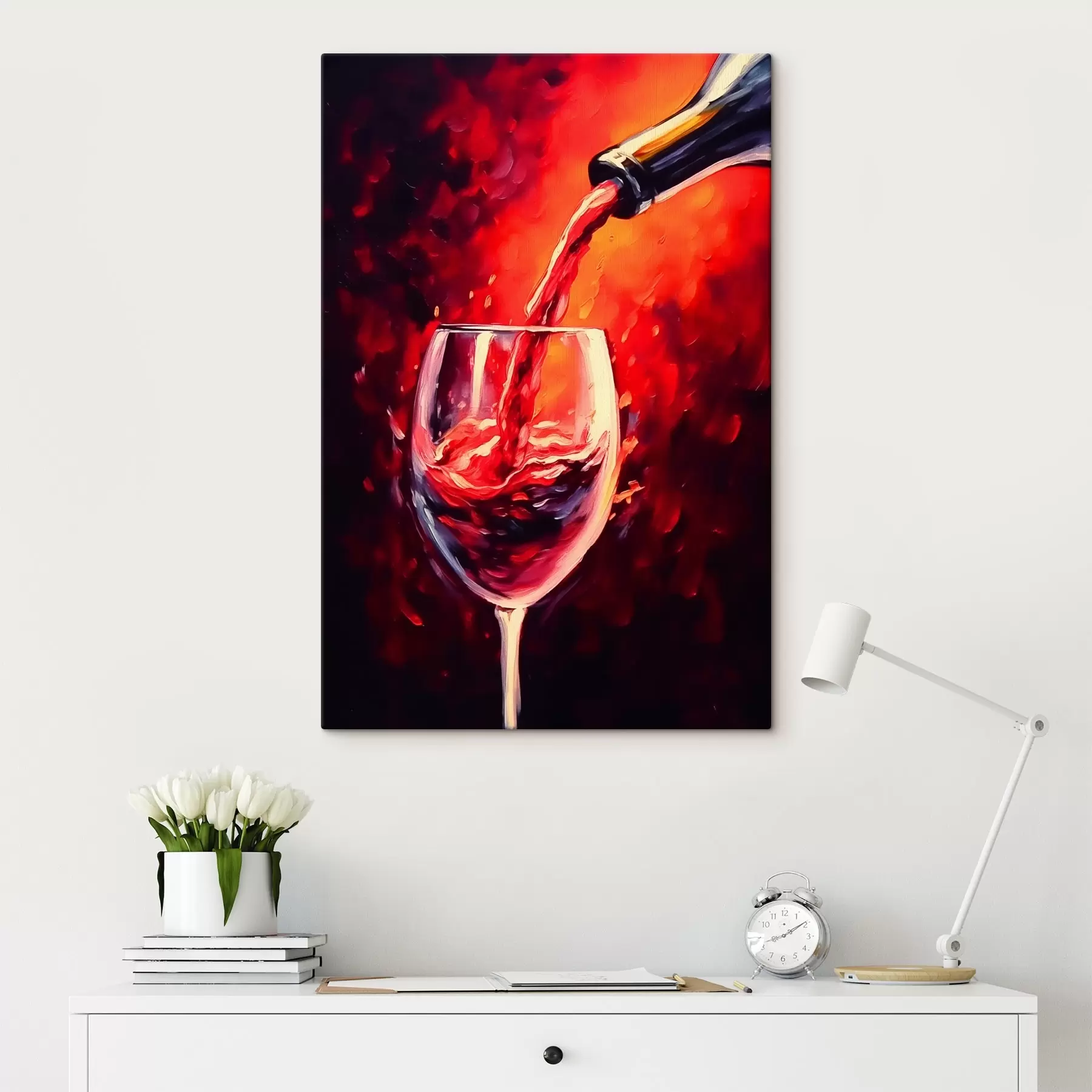 Fototapete Rotwein in einem Glas vor dem Hintergrund des Feuerscheins s42162