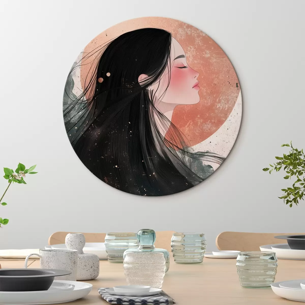 Runde Wandbilder Schönes Mädchen, orientalischen Stil, Sonne, rosa Farben r42195