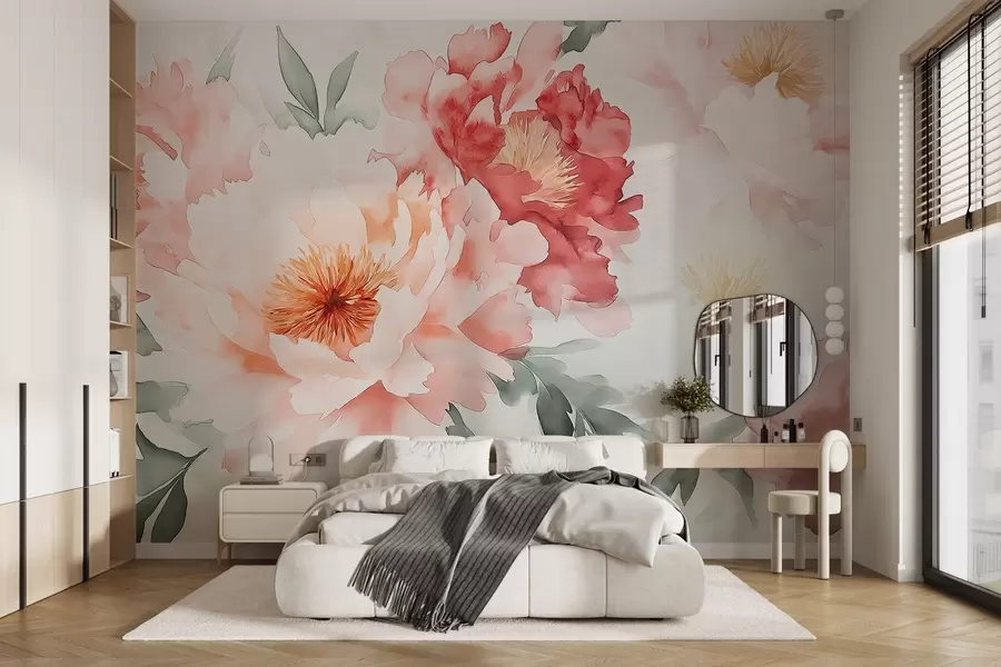 Fototapete Große zarte Aquarellpfingstrosen w08571