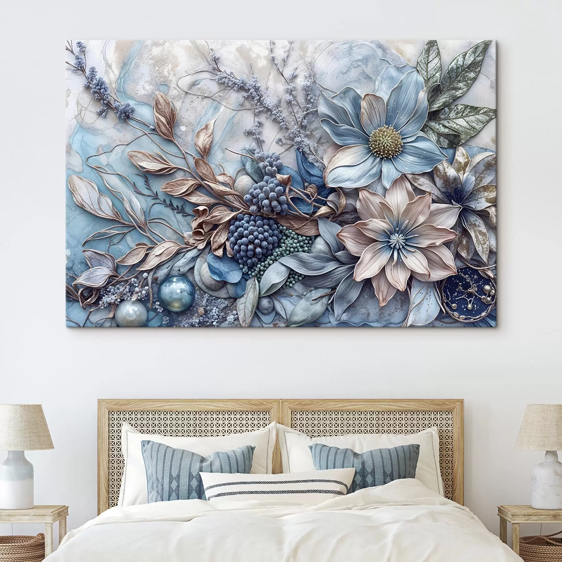 Fototapete Detaillierte, strukturierte, abstrakte, üppige Blumen mit großen, leuchtend blauen und rosa Blumen, Beeren und anderen botanischen Elementen  s42210
