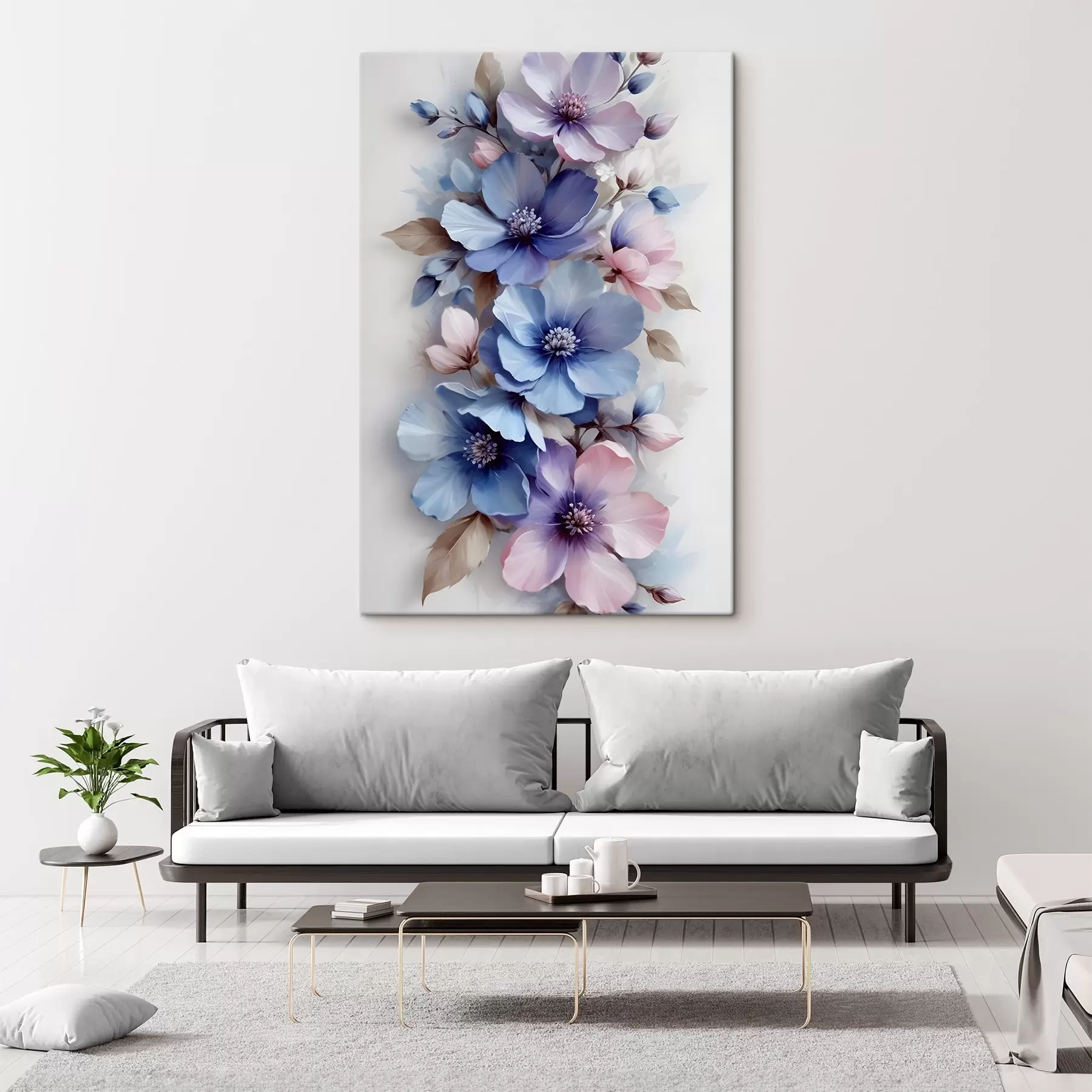 Fototapete Zarte blaue und rosafarbene Blumen mit zarten Blütenblättern und Zentren, arrangiert in einem schönen Blumendruck auf einem hellen Hintergrund s42241