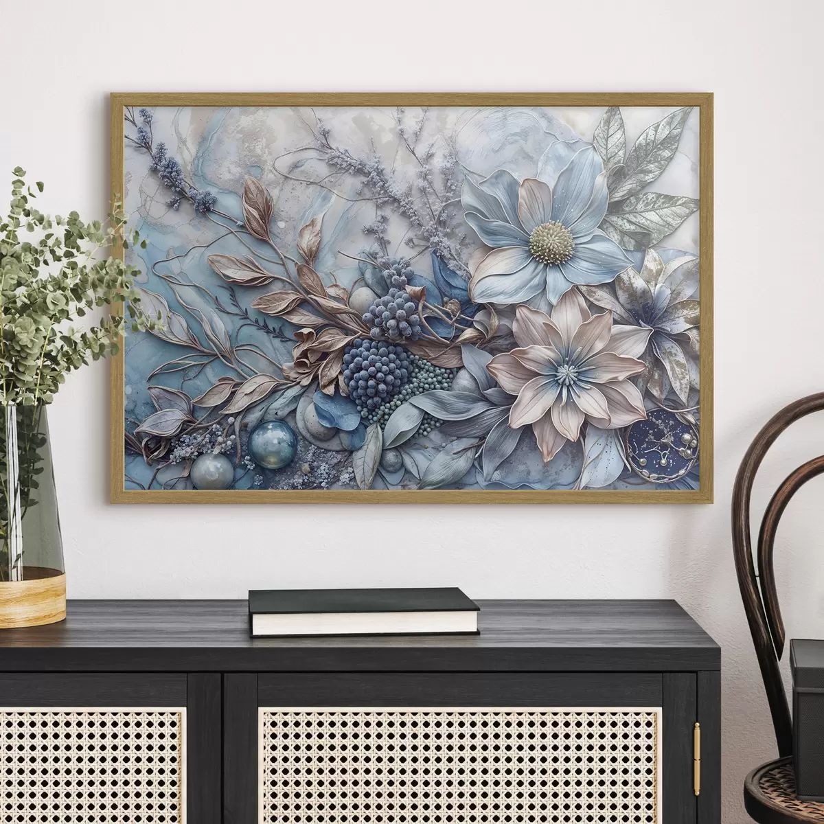 Poster Detaillierte, strukturierte, abstrakte, üppige Blumen mit großen, leuchtend blauen und rosa Blumen, Beeren und anderen botanischen Elementen f42210