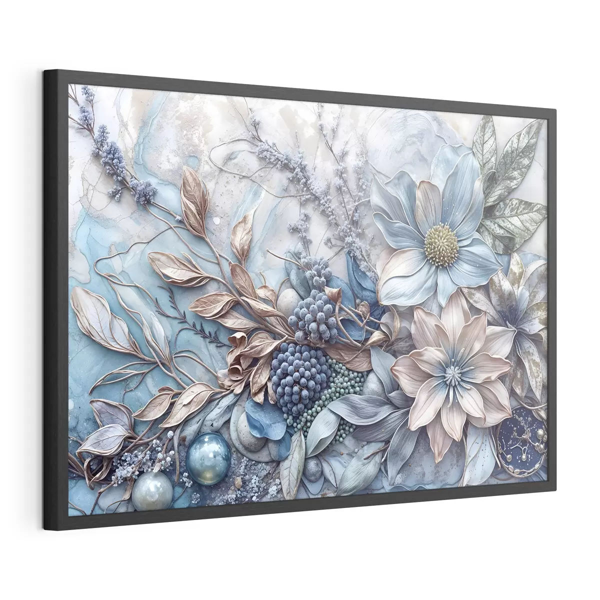 Poster Detaillierte, strukturierte, abstrakte, üppige Blumen mit großen, leuchtend blauen und rosa Blumen, Beeren und anderen botanischen Elementen f42210