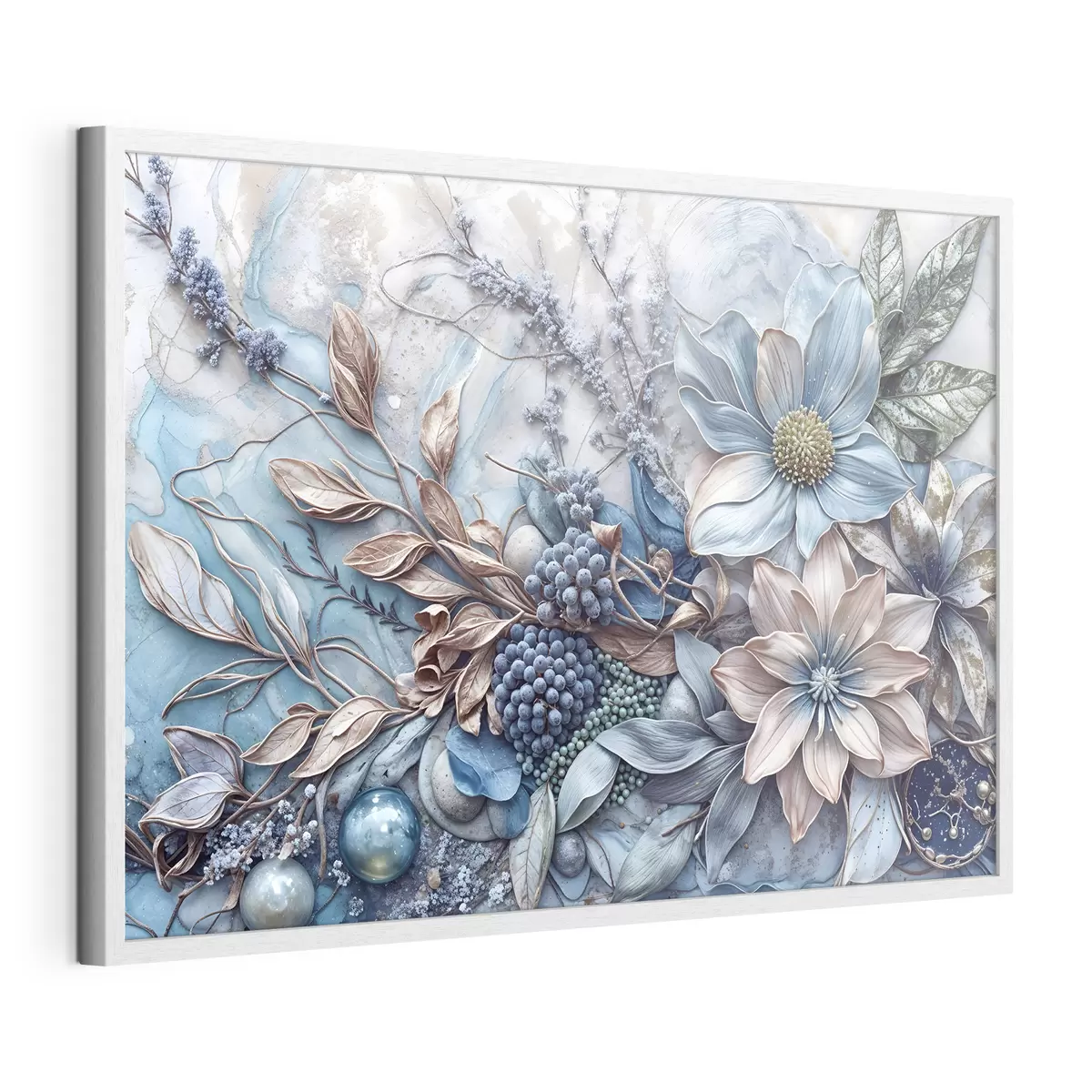 Poster Detaillierte, strukturierte, abstrakte, üppige Blumen mit großen, leuchtend blauen und rosa Blumen, Beeren und anderen botanischen Elementen f42210