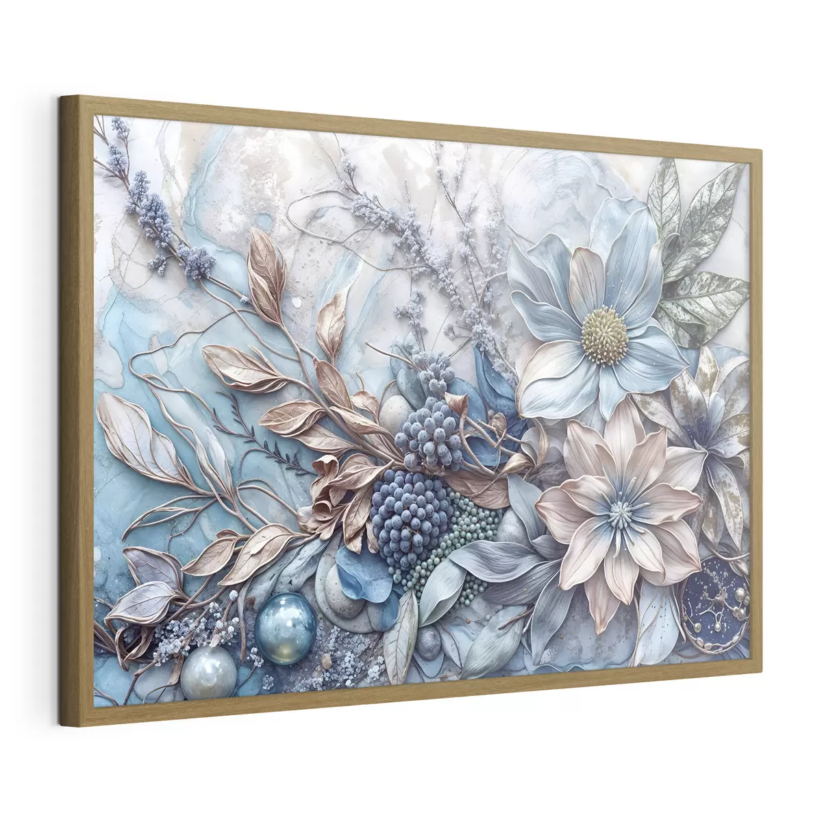 Poster Detaillierte, strukturierte, abstrakte, üppige Blumen mit großen, leuchtend blauen und rosa Blumen, Beeren und anderen botanischen Elementen f42210