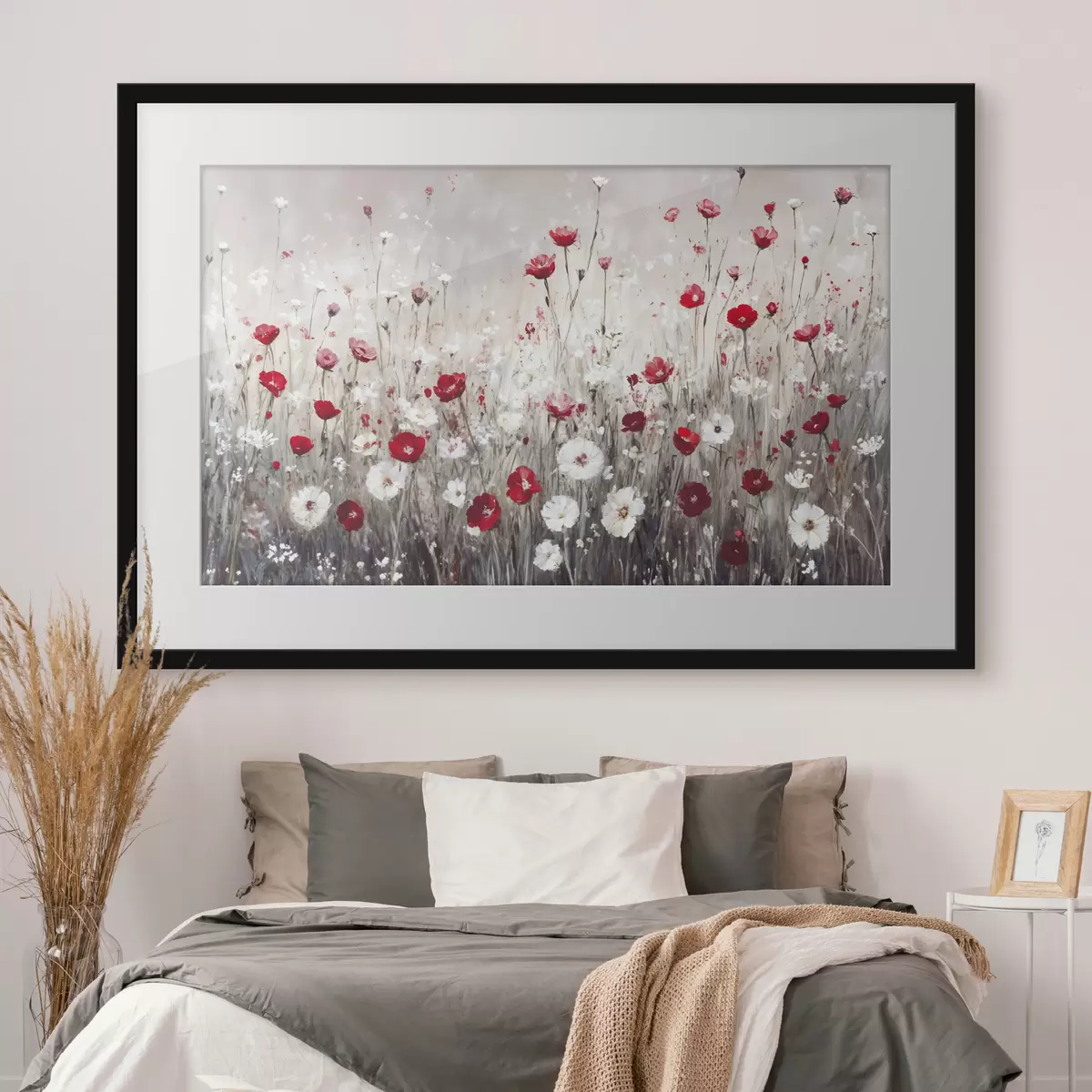 Poster Abstrakte Nachahmung der Ölmalerei ein Feld von roten und weißen Mohnblumen und Gänseblümchen vor einem grauen strukturierten Hintergrund f42213