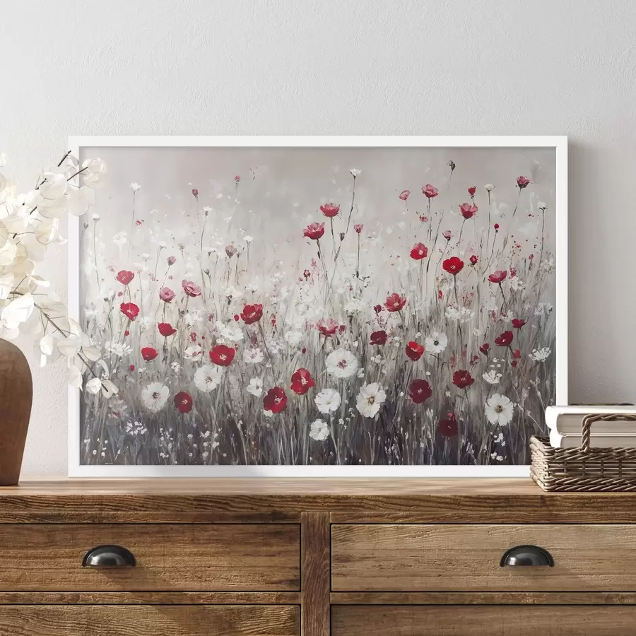 Fototapete Abstrakte Nachahmung der Ölmalerei ein Feld von roten und weißen Mohnblumen und Gänseblümchen vor einem grauen strukturierten Hintergrund f42213