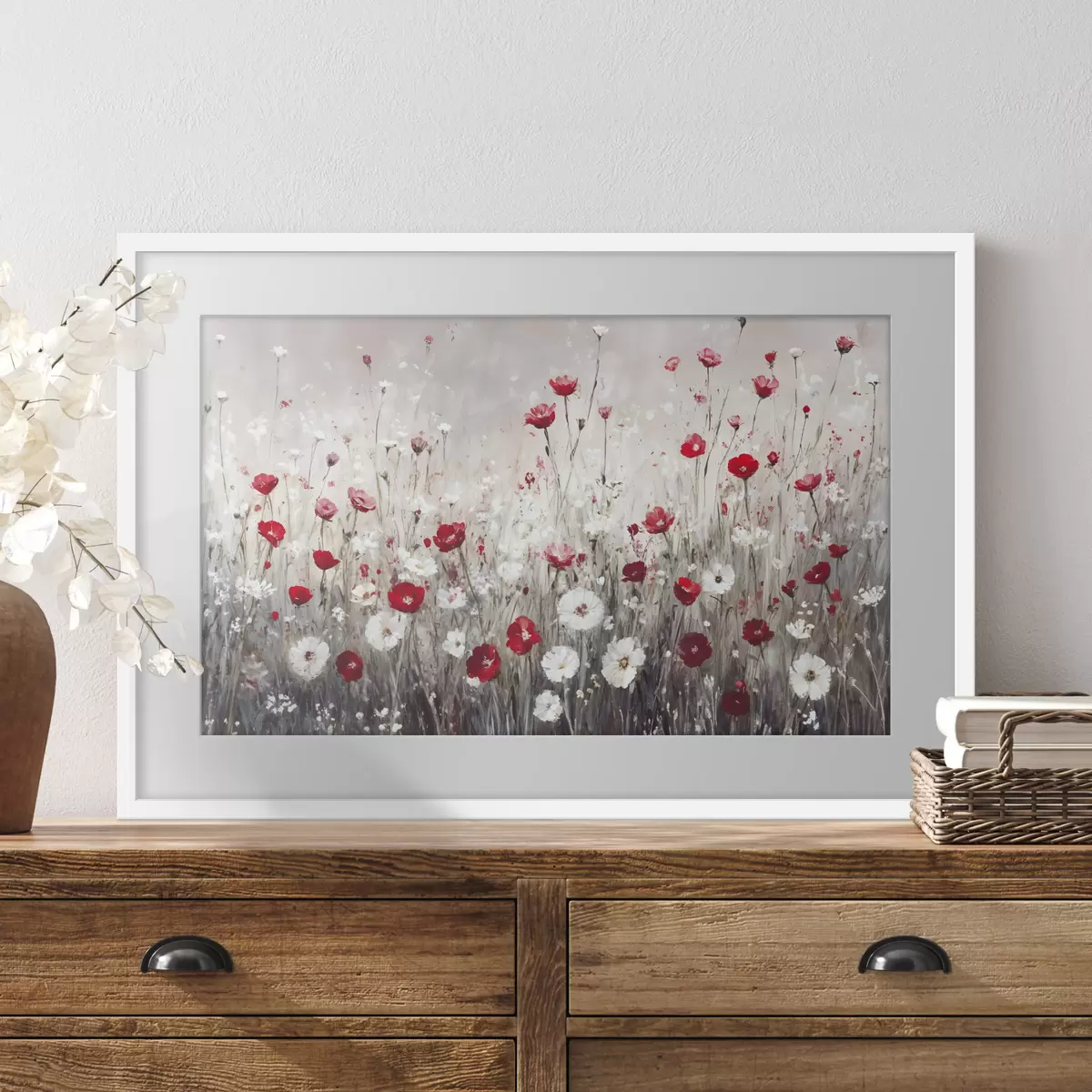 Poster Abstrakte Nachahmung der Ölmalerei ein Feld von roten und weißen Mohnblumen und Gänseblümchen vor einem grauen strukturierten Hintergrund f42213
