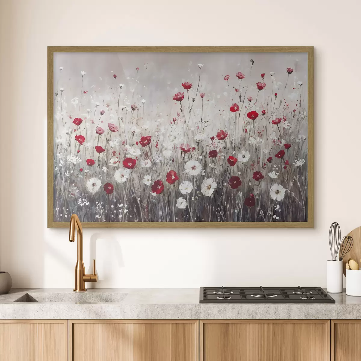 Poster Abstrakte Nachahmung der Ölmalerei ein Feld von roten und weißen Mohnblumen und Gänseblümchen vor einem grauen strukturierten Hintergrund f42213