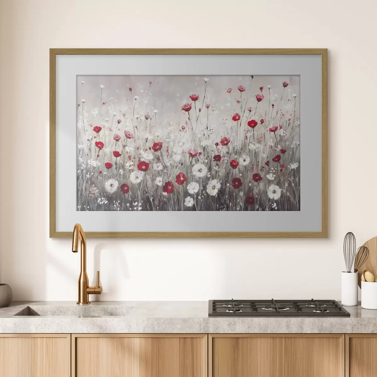 Poster Abstrakte Nachahmung der Ölmalerei ein Feld von roten und weißen Mohnblumen und Gänseblümchen vor einem grauen strukturierten Hintergrund f42213