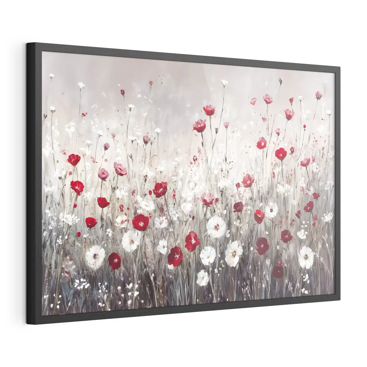 Poster Abstrakte Nachahmung der Ölmalerei ein Feld von roten und weißen Mohnblumen und Gänseblümchen vor einem grauen strukturierten Hintergrund f42213