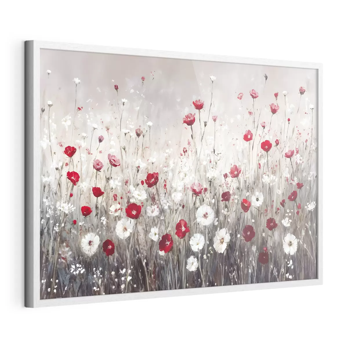 Poster Abstrakte Nachahmung der Ölmalerei ein Feld von roten und weißen Mohnblumen und Gänseblümchen vor einem grauen strukturierten Hintergrund f42213