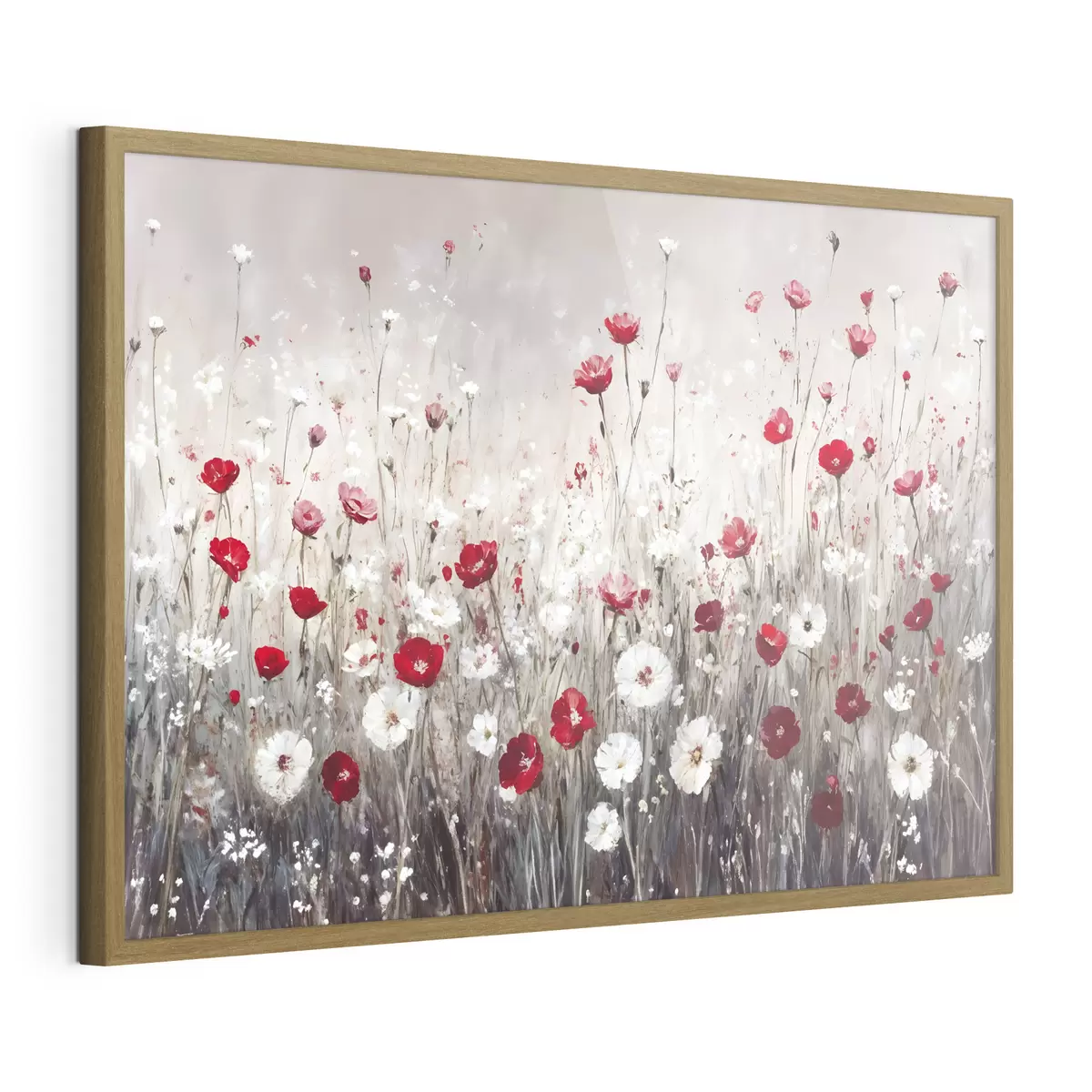 Poster Abstrakte Nachahmung der Ölmalerei ein Feld von roten und weißen Mohnblumen und Gänseblümchen vor einem grauen strukturierten Hintergrund f42213
