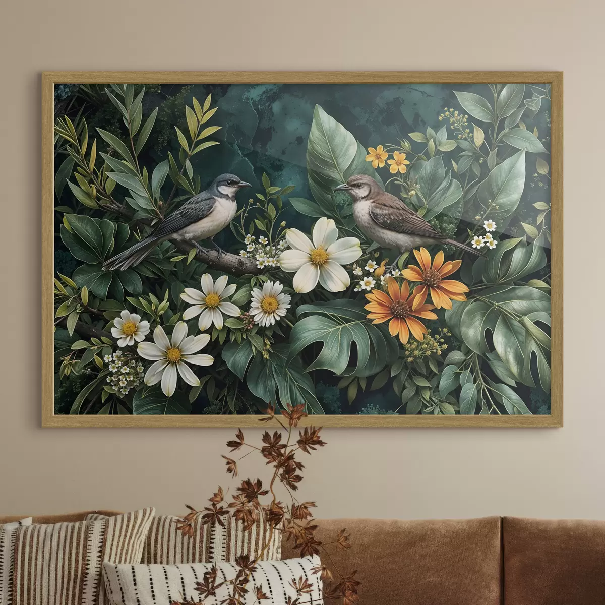 Poster Kleine Vögel sitzen auf Zweigen, umgeben von üppigem tropischen Laub, darunter große grüne Blätter und bunte Blumen f42220