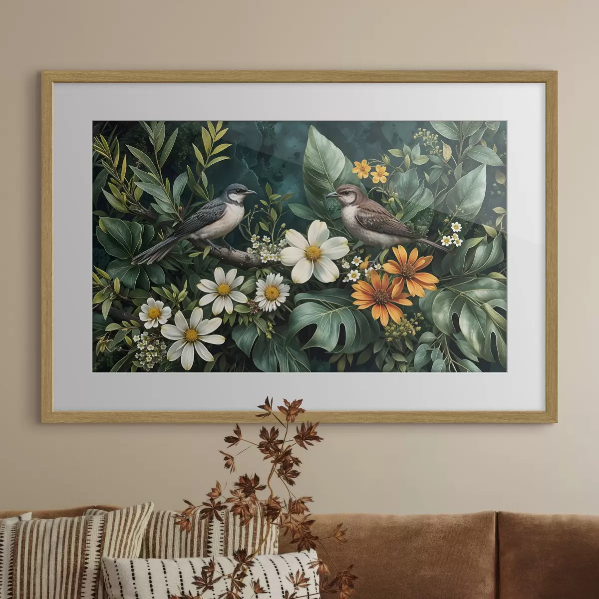 Poster Kleine Vögel sitzen auf Zweigen, umgeben von üppigem tropischen Laub, darunter große grüne Blätter und bunte Blumen f42220