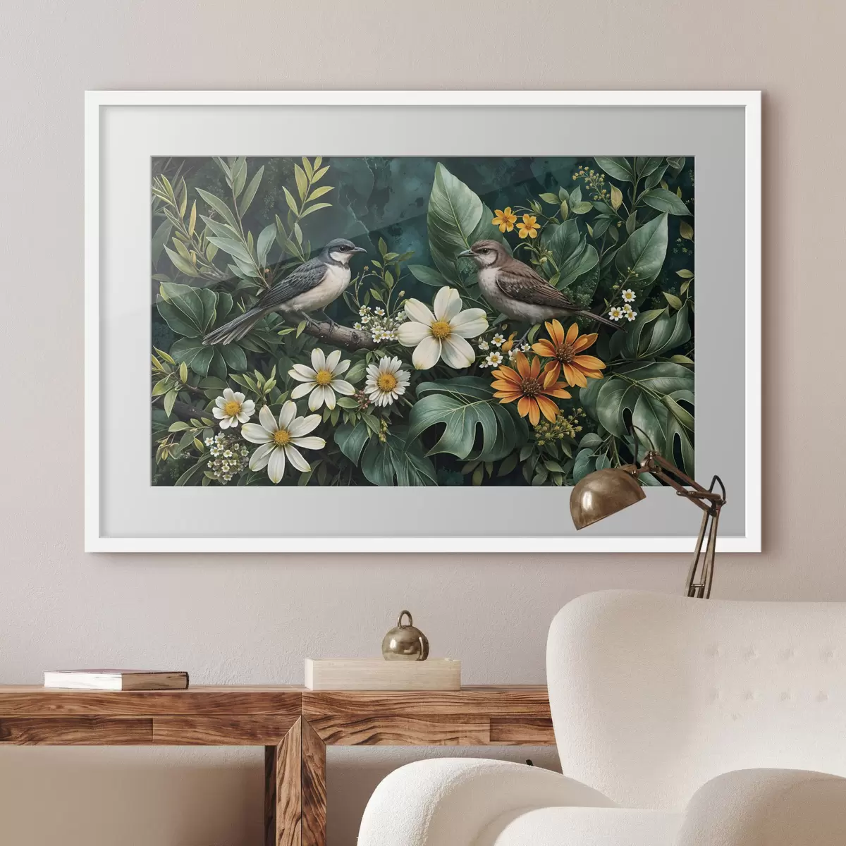 Poster Kleine Vögel sitzen auf Zweigen, umgeben von üppigem tropischen Laub, darunter große grüne Blätter und bunte Blumen f42220