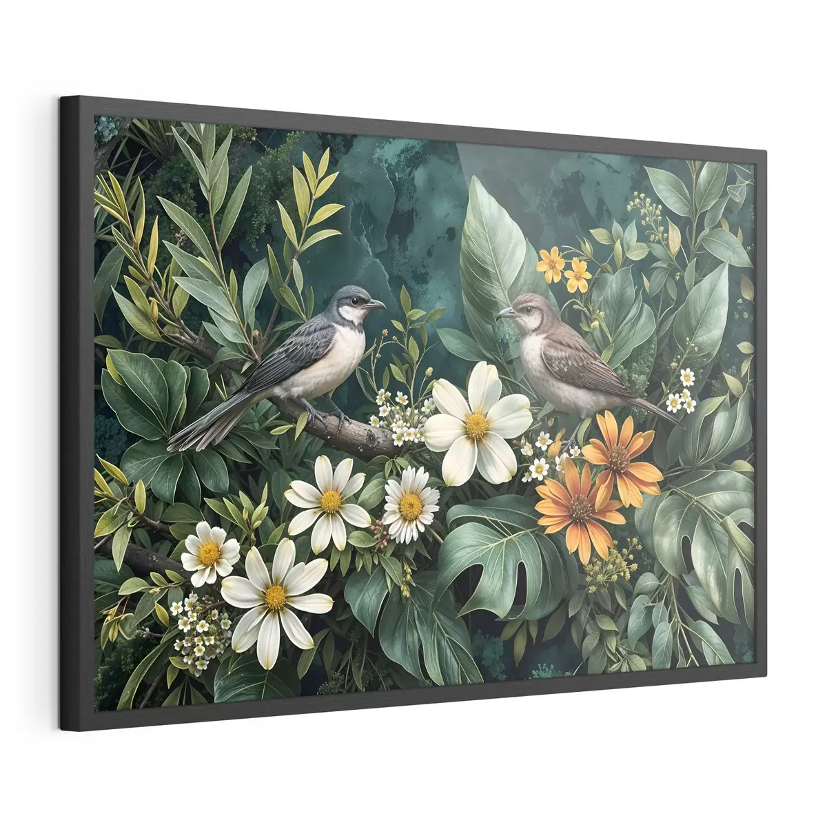 Poster Kleine Vögel sitzen auf Zweigen, umgeben von üppigem tropischen Laub, darunter große grüne Blätter und bunte Blumen f42220