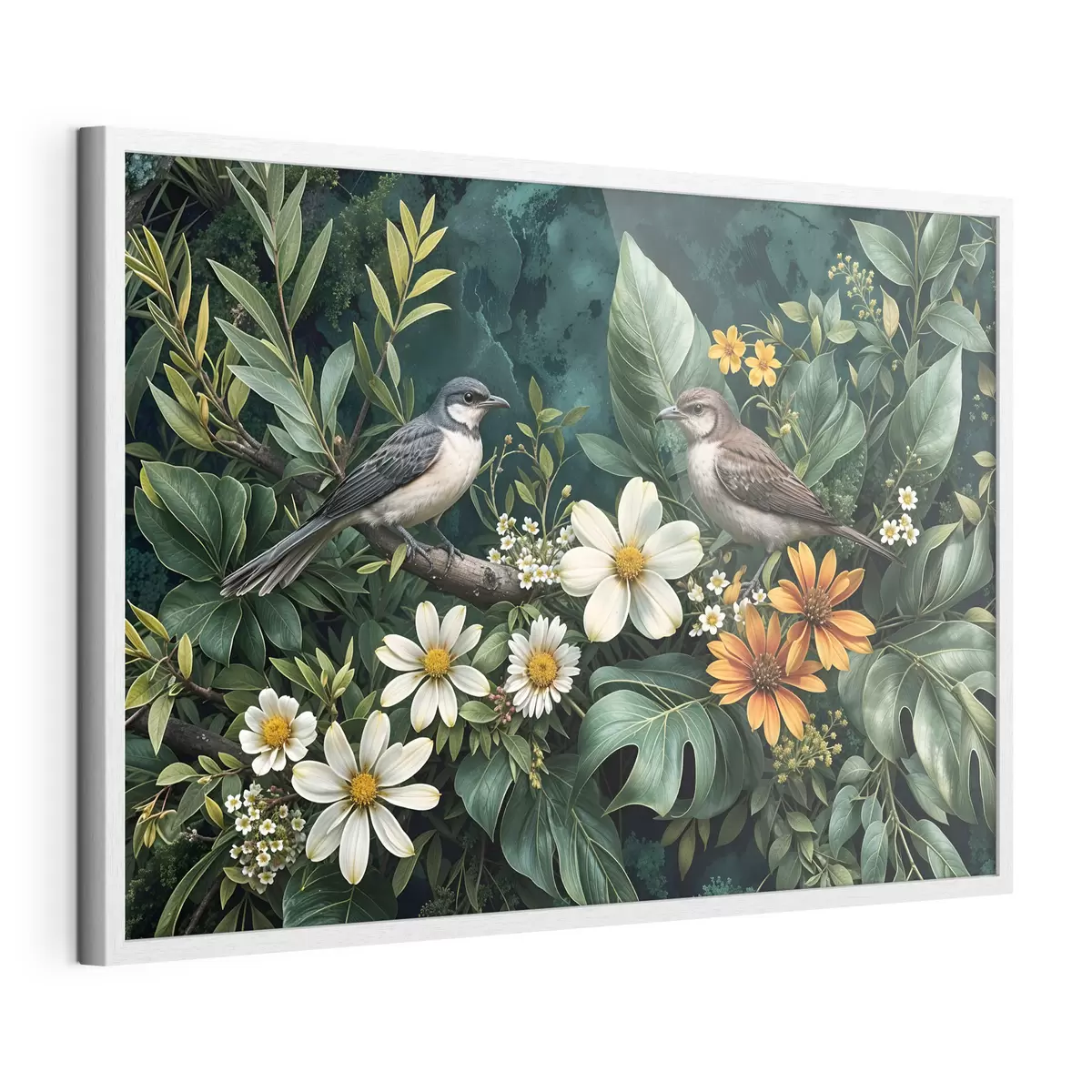 Poster Kleine Vögel sitzen auf Zweigen, umgeben von üppigem tropischen Laub, darunter große grüne Blätter und bunte Blumen f42220