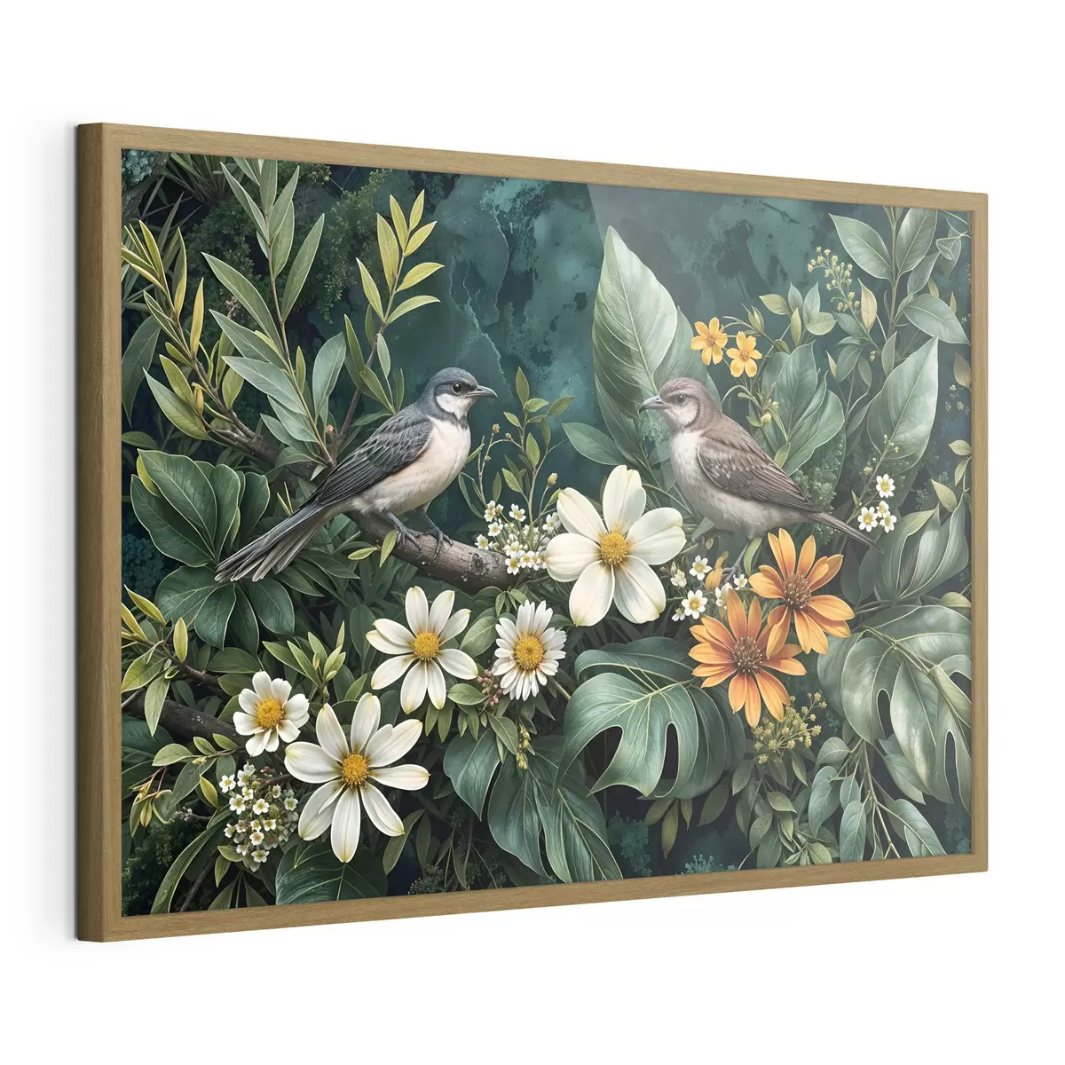 Poster Kleine Vögel sitzen auf Zweigen, umgeben von üppigem tropischen Laub, darunter große grüne Blätter und bunte Blumen f42220