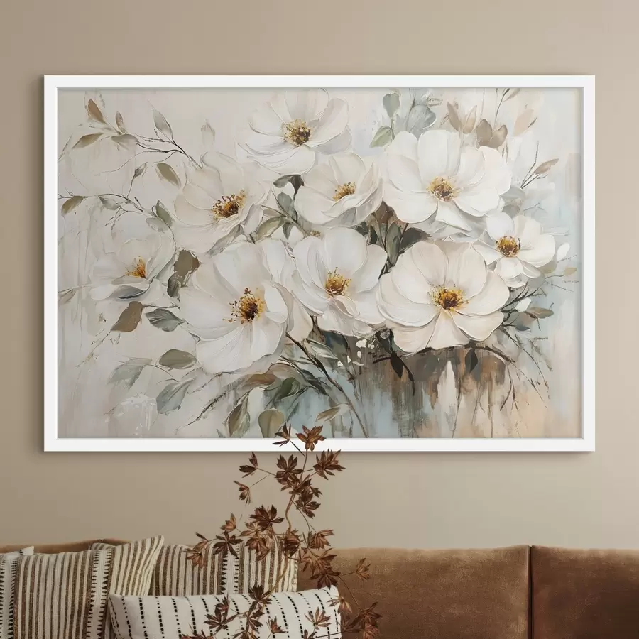 Fototapete Ein Strauß großer weißer Blumen in Ölmalerei Stil mit gelben Zentren vor einem hellen Hintergrund f42222