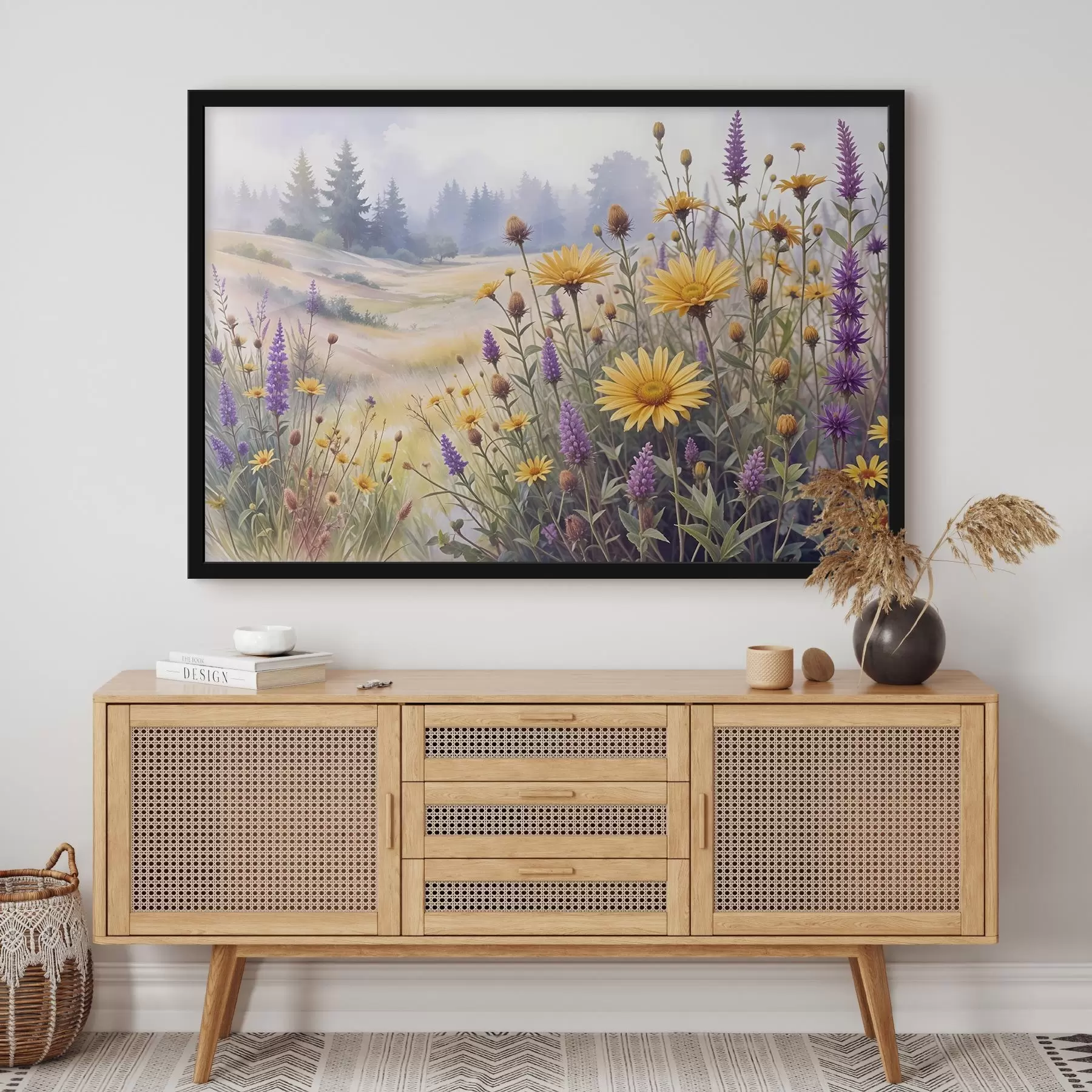Fototapete Ein Feld mit gelben Sonnenblumen und lila Wildblumen in einer nebligen Waldlandschaft mit Kiefern im Hintergrund f42223