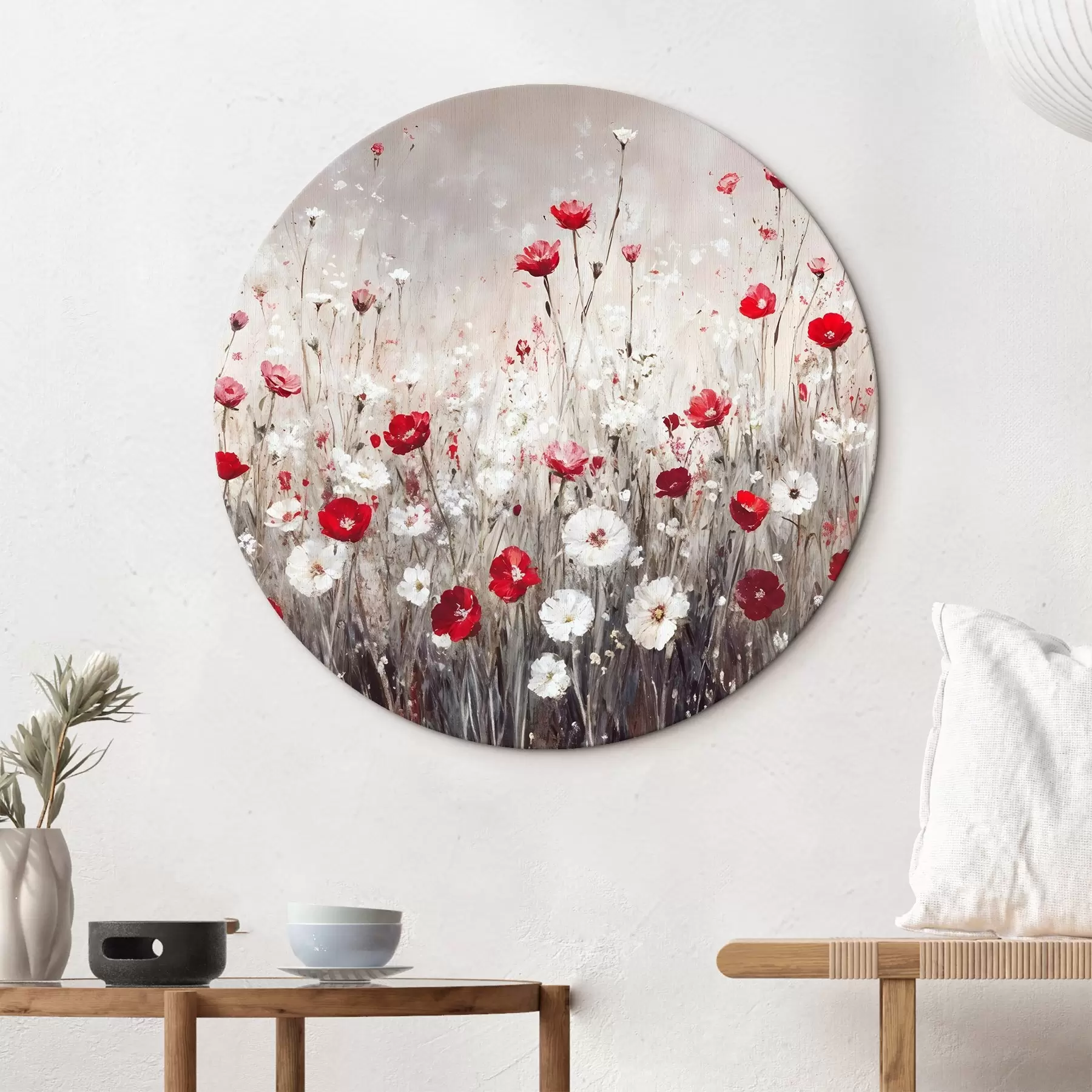 Fototapete Abstrakte Nachahmung der Ölmalerei ein Feld von roten und weißen Mohnblumen und Gänseblümchen vor einem grauen strukturierten Hintergrund r42213