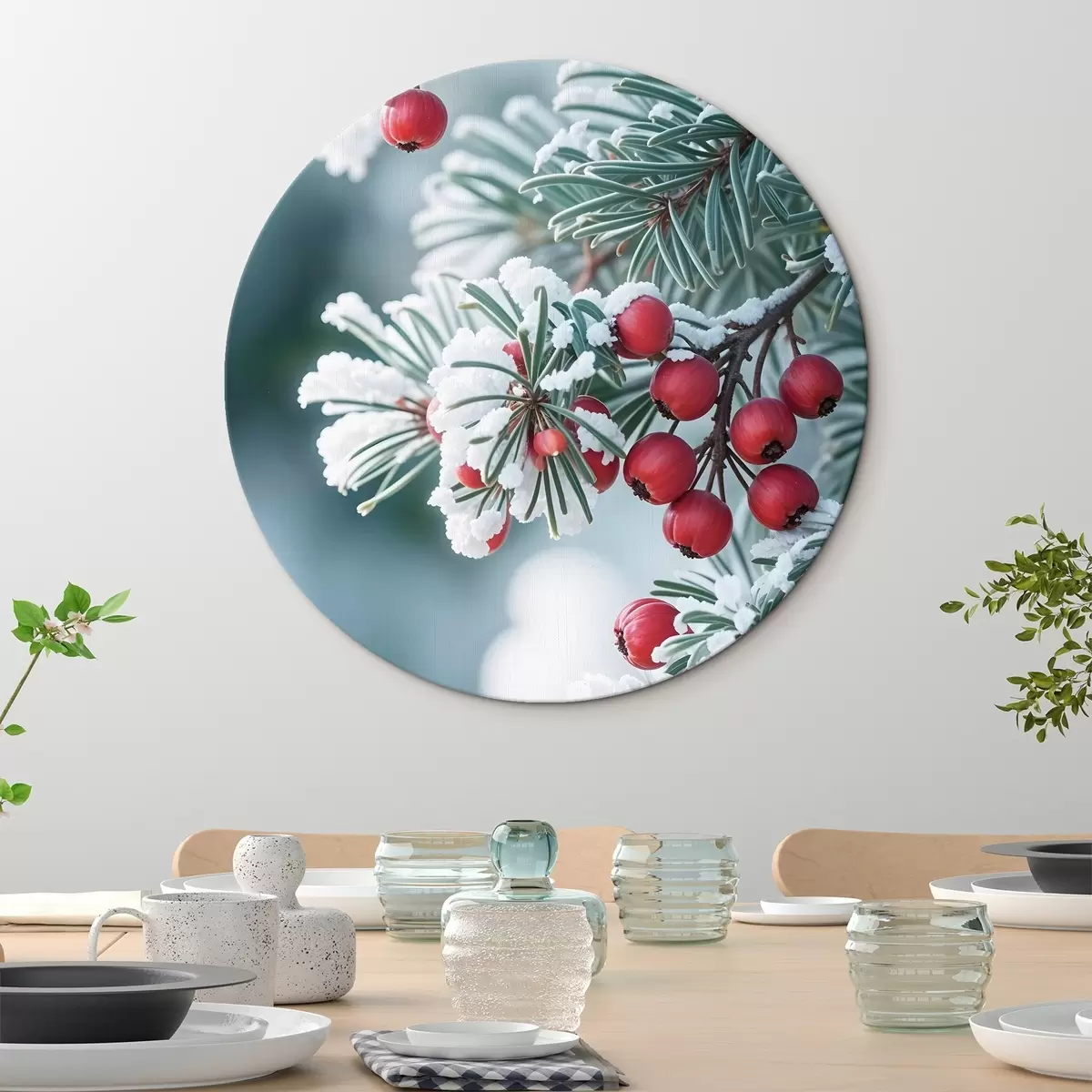 Runde Wandbilder Verschneiter Tannenzweig mit roten Beeren, Winterszene r42238