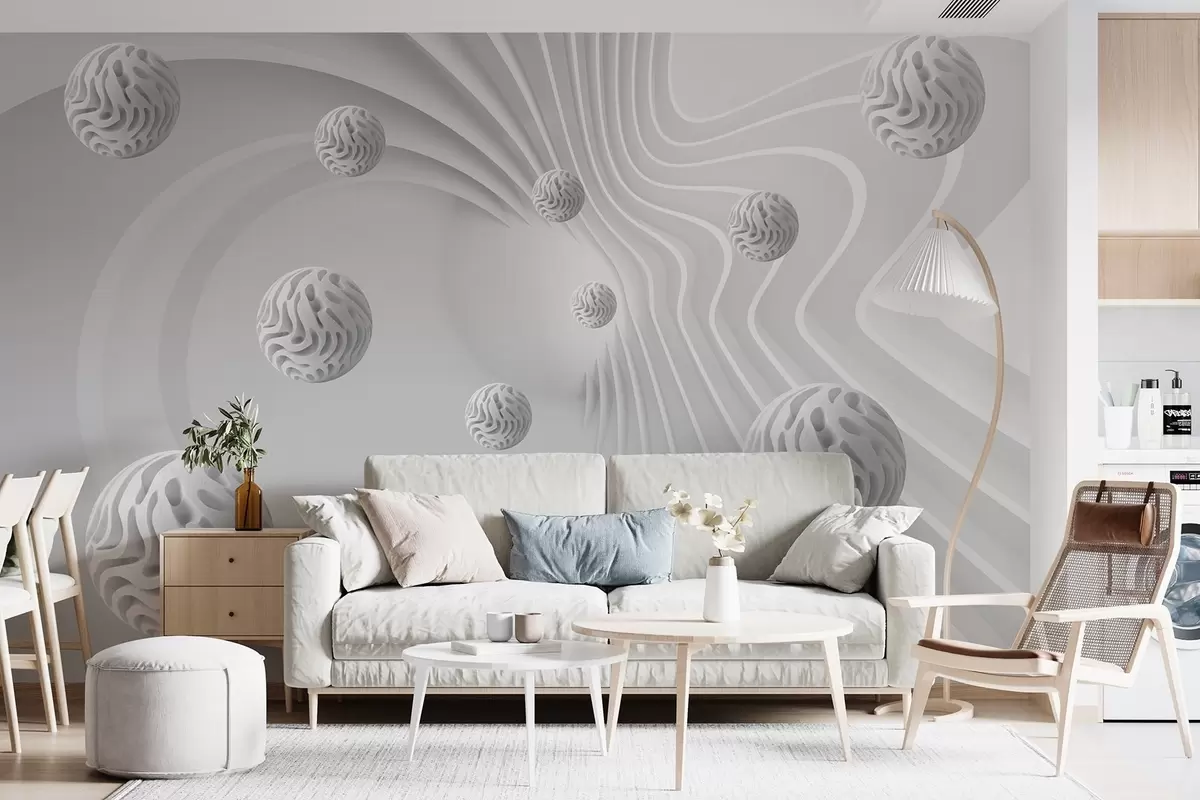 Fototapete 3D-Grauabstraktion mit Kugeln und Tiefenwirkung w08553