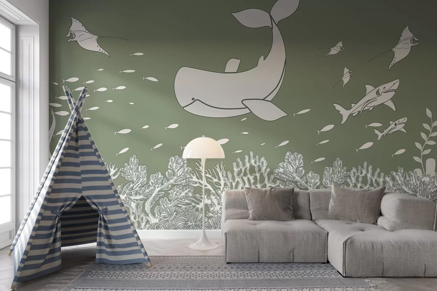 Fototapete Die Reise mit dem Wal, grüner Farbton w02645v2