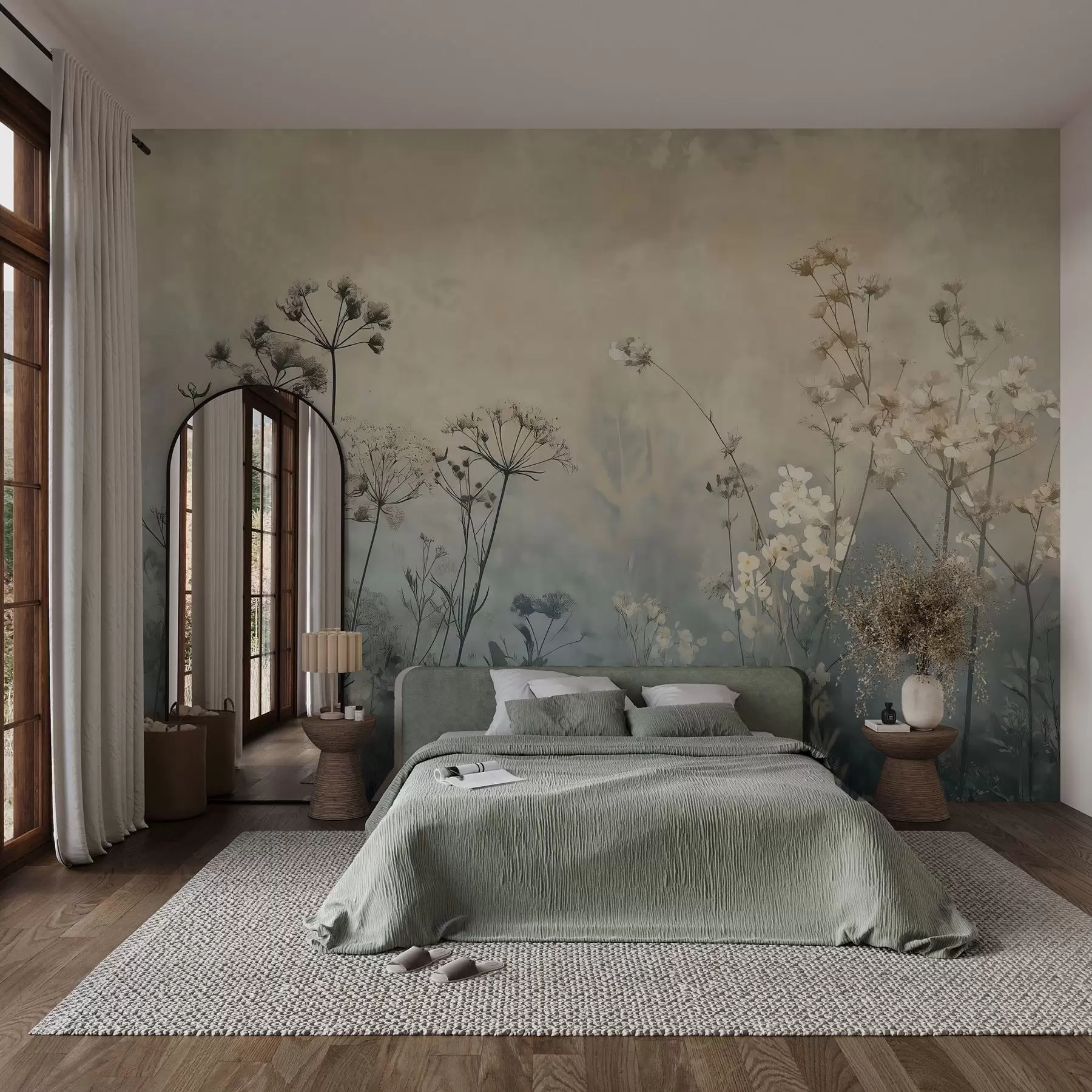 Fototapete tapete im Öko-Stil mit Wildblumen und Pflanzen auf strukturiertem Hintergrund w02685
