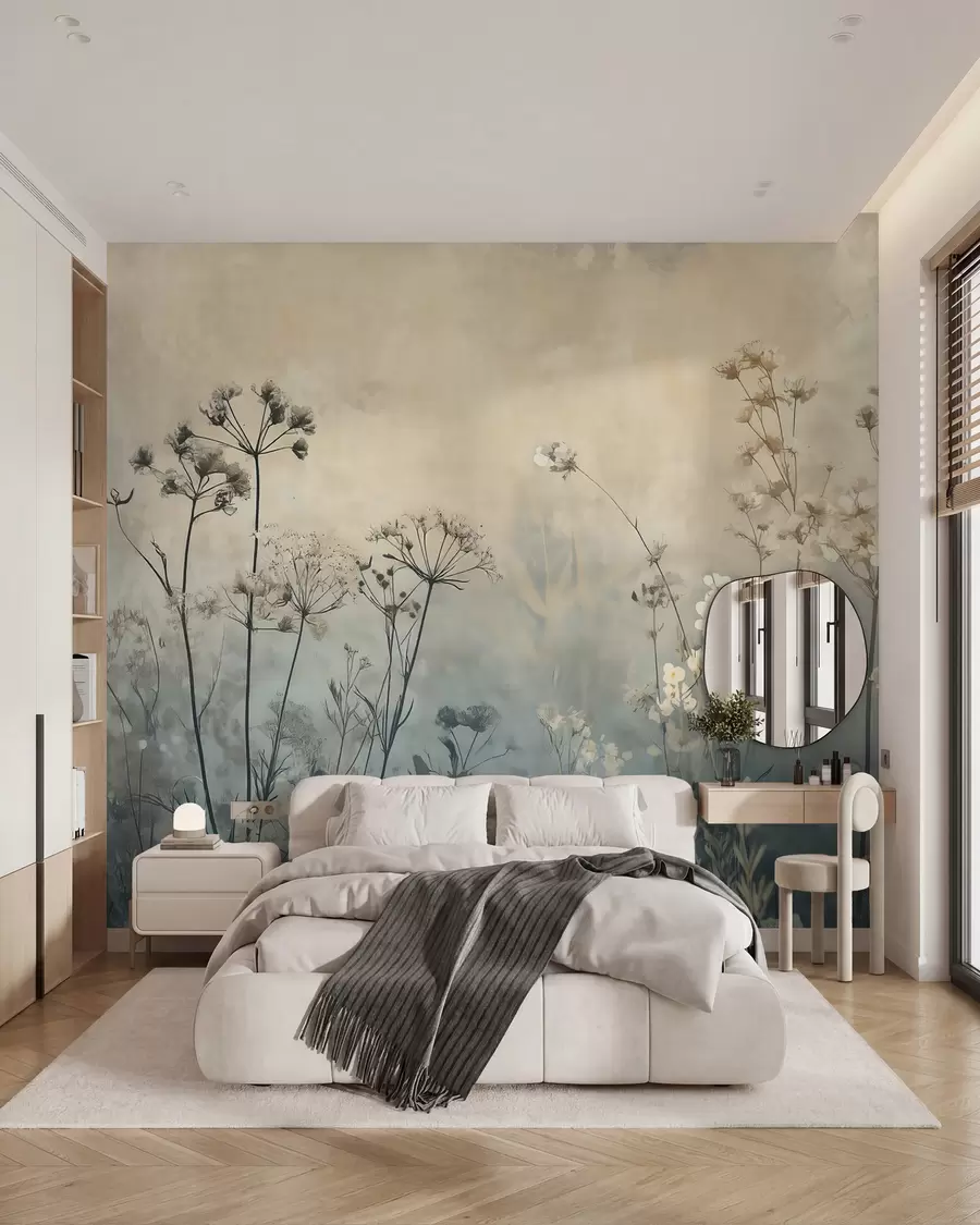 Fototapete tapete im Öko-Stil mit Wildblumen und Pflanzen auf strukturiertem Hintergrund w02685