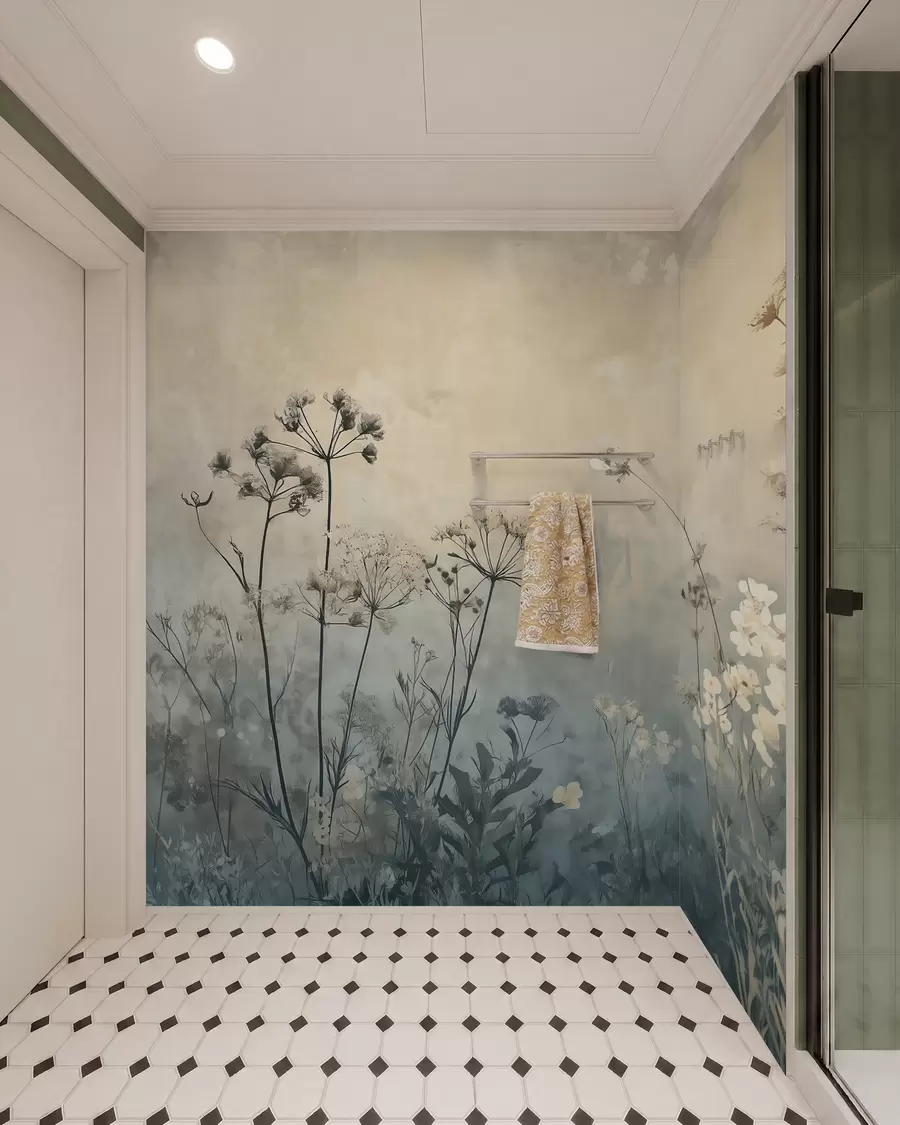 Fototapete tapete im Öko-Stil mit Wildblumen und Pflanzen auf strukturiertem Hintergrund w02685