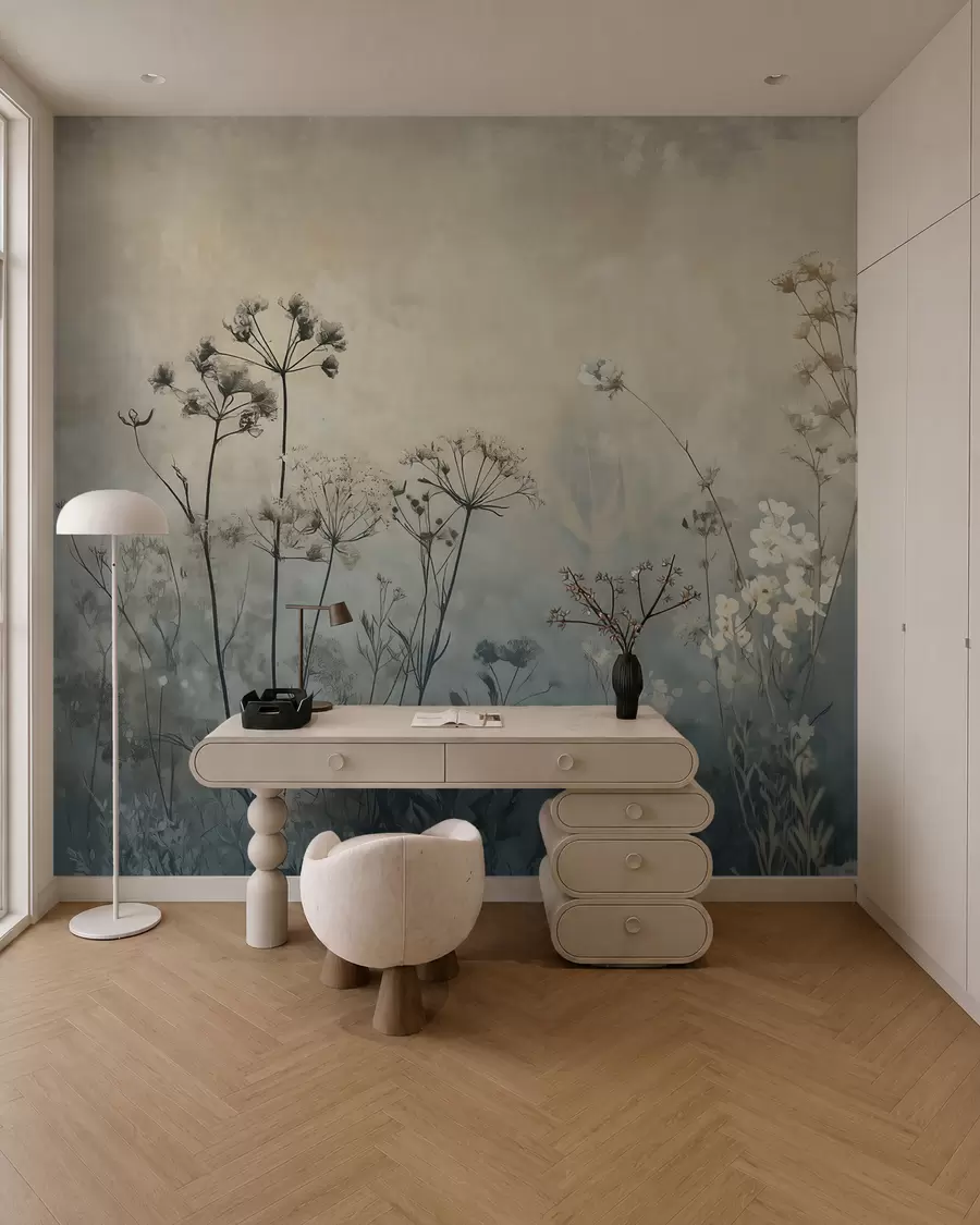 Fototapete tapete im Öko-Stil mit Wildblumen und Pflanzen auf strukturiertem Hintergrund w02685